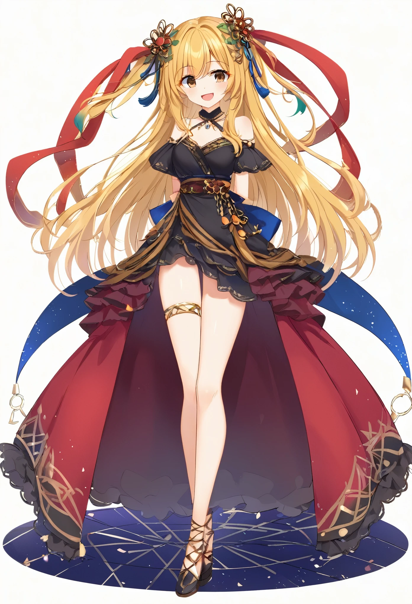 a beautiful girl with olive hair, long hair, brown eyes, wearing kpop fashion, smiling, against a simple white background, with celtic hair ornaments, bare shoulder, open mouth,standing,fullbody,with hands behind,her backchange hair color to olive
