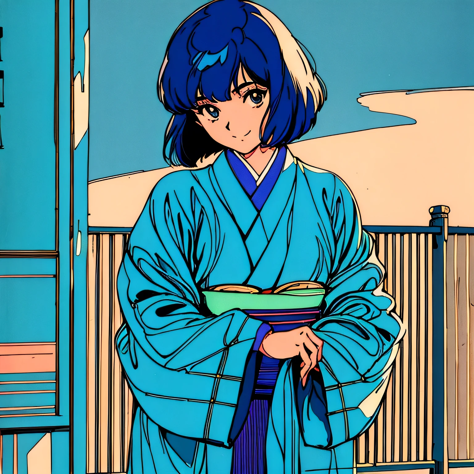 master piece, Kyoto style, Blue Hair, Japanese, fluffy bob cut, wearing kimono, shoulder length, alone, single person, Futuristic, yet, lofi, retro, vintage, light smile