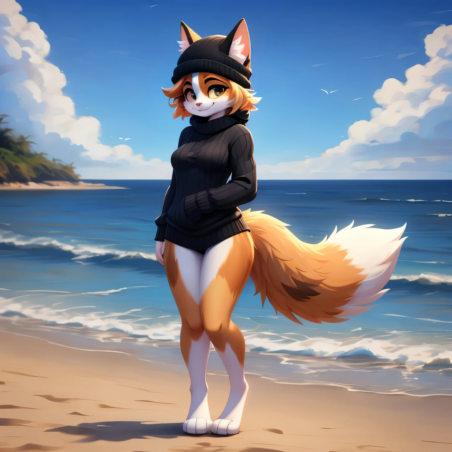 1girl, furry, fursona, fur, calico cat, anthropomorphic cat, anthro cat, full body, 4k, 8k, 16k, highres, masterpiece, best quality, highres, beach, medium breasts, standing, cute, (black beanie), (black sweater), (black halo), ((cheeky face)), (((mega fluffy tail))),