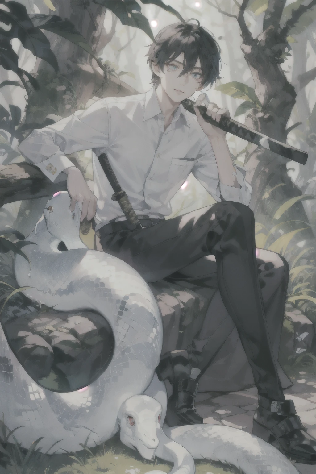 ultra detailed, masterpiece, best quality, (solo man), (male focus), ((Oblong face)), ((Square jawline)), black hair, ((hairs between eyes)), ((shoulder length)), ((narrow blue eye)), 
odd eyes, fair skin, skinny body, beauty mark, {uniform, outfit, clothes}, dress shirts, (Giving an insincere smile:0.7), (entangled a big albino snake), (holding katana), in a forest, full body