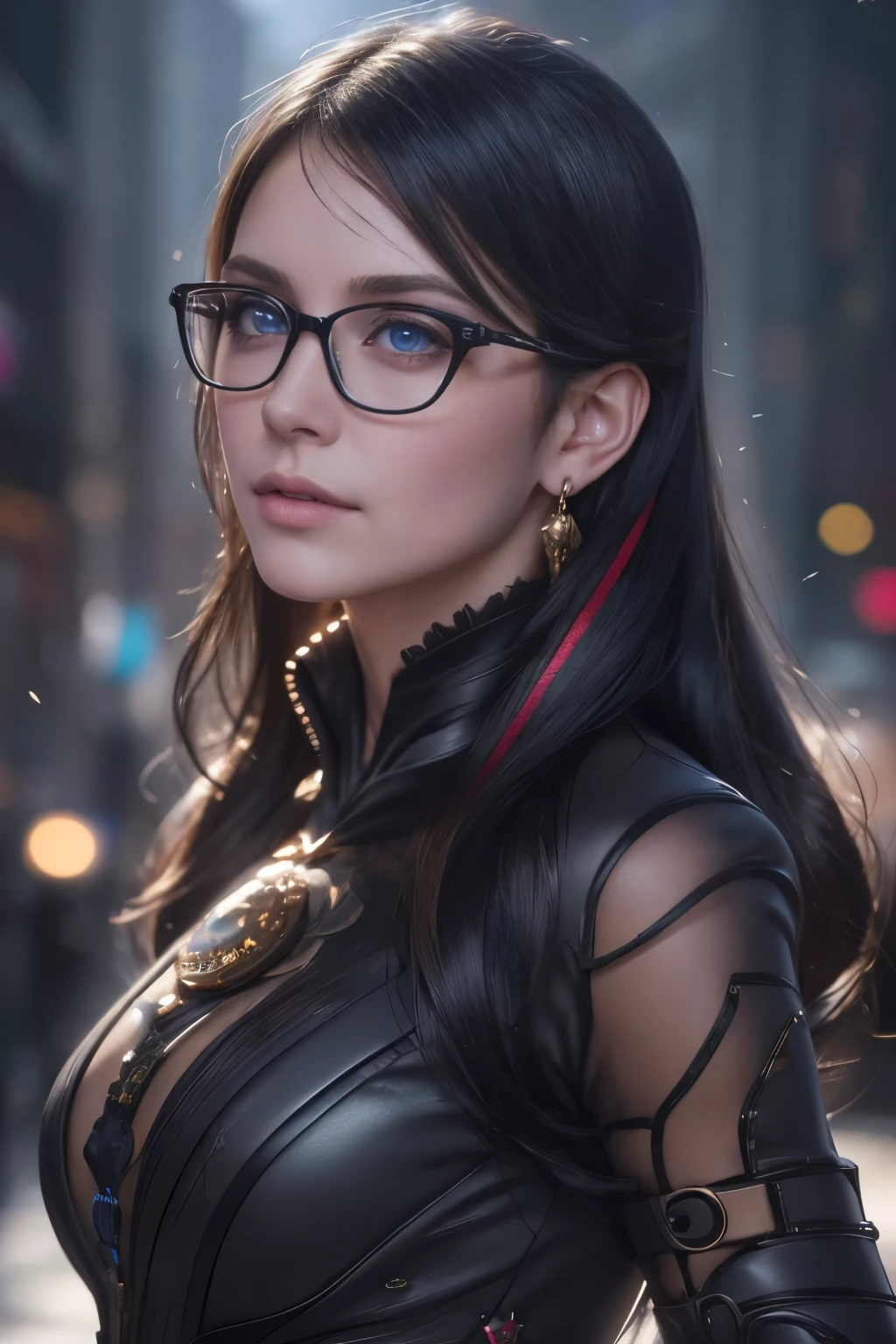 cereza, 1girl, solo, glasses, earrings, mole, blue eyes, gloves, ribbon, (bodysuit:1.2), (face focus:1.5), feathers, mole under mouth, future city background, (realistic:1.2), (realism), (masterpiece:1.2), (best quality), (ultra detailed), (8k), (intricate), (85mm), light particles, lighting, (highly detailed:1.2), (detailed face:1.2), (gradients), sfw, colorful, (detailed eyes:1.5), (detailed background), (rule of third_composition:1.3), (Line of action:1.2), beautiful face, highly detailed face, highly detailed skin, skin pores, subsurface scattering, (realistic), full face blush, full lips, detailed background, depth of field, volumetric lighting, sharp focus, absurdres, realistic proportions, good anatomy, (realistic, hyperrealistic:1.4), 16k hdr,