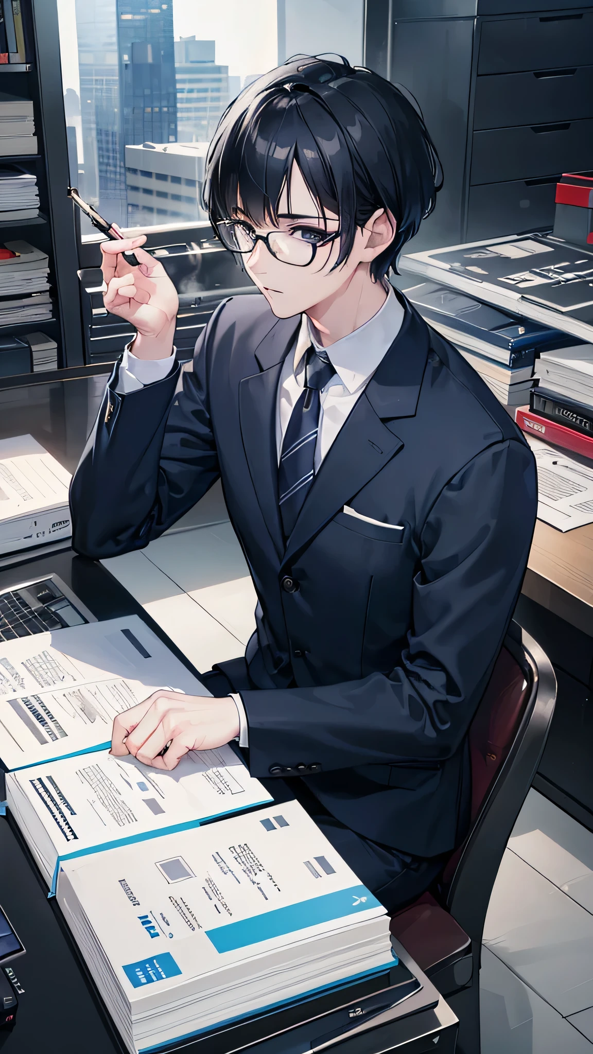 a man in a navy suit, glasses, short black hair, working in an office, pile of documents, smoking a cigarette, working on a computer, cool, stylish, (best quality,4k,8k,highres,masterpiece:1.2),ultra-detailed,(realistic,photorealistic,photo-realistic:1.37),professional,vivid colors,studio lighting