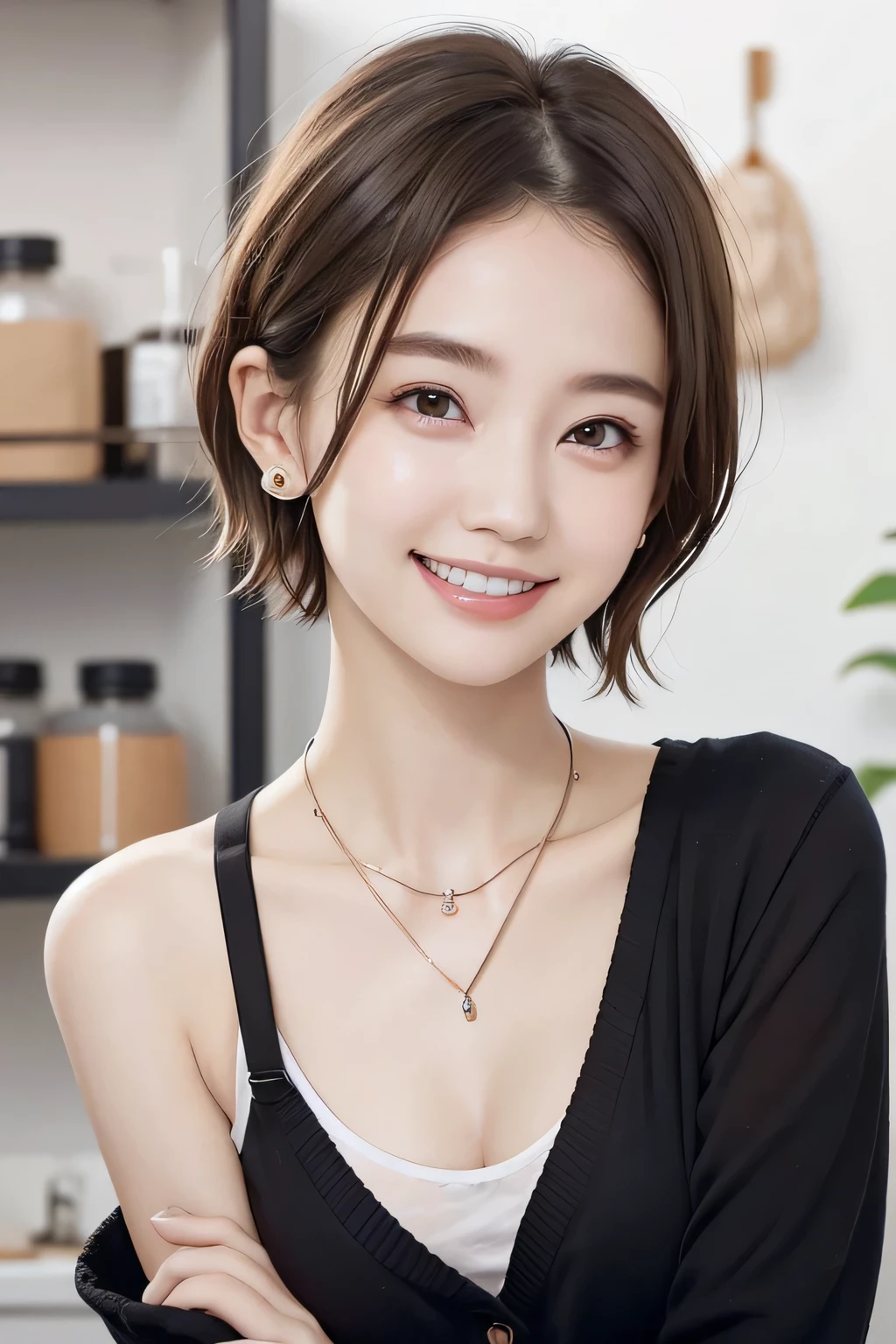 205 ((short hair)), 20-year-old female, In underwear、Put a cardigan over your shoulders、 A refreshing smile、Beautiful teeth alignment、Dark eyeliner、Dark brown hair、ear piercing、Necklace around the neck、Looking at the camera