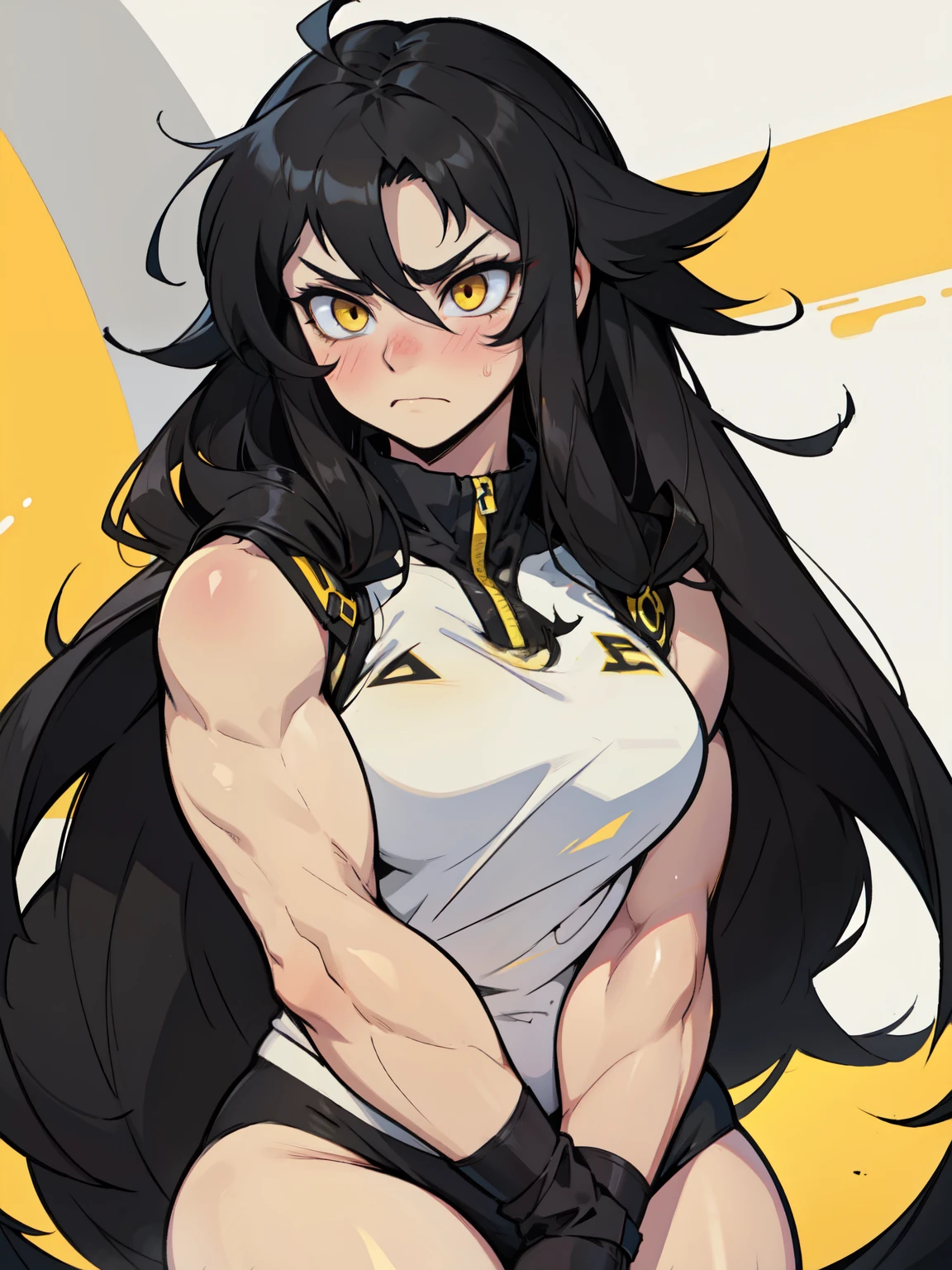 (messy hair extremely long hair black hair yellow eyes pale skin (muscular girl thick girl)) sad frown blush