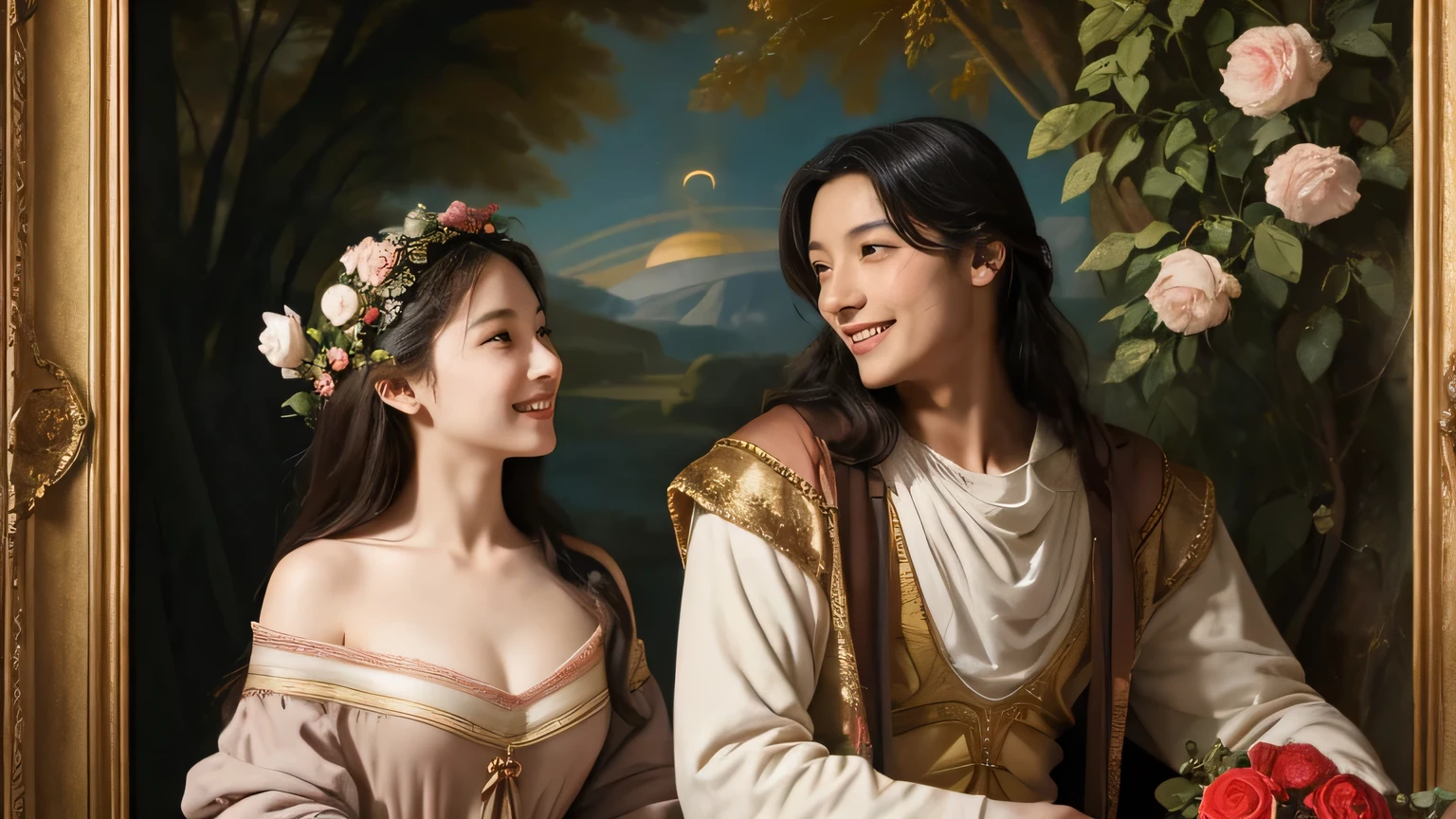 Giorgione painting style,Arguments of two female Philosophe,math、astronomical machine、astronaut、roses in vase、fruits、Cute trinkets、smile、ancient greek costume、Background is a forest lake at night 、Clothes that stretch your shoulders、A big smile、beautiful bare skin、A detailed representation of the seducing woman throughout her body.