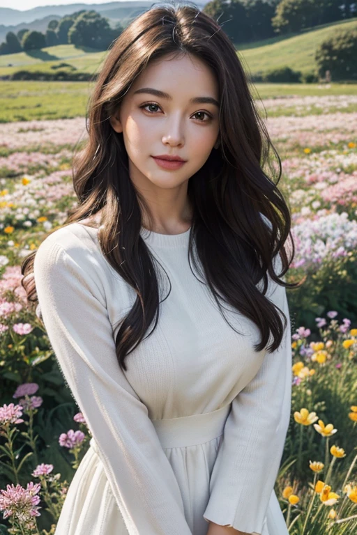 Best quality, masterpiece, ultra high resolution, (photorealistic:1.4), raw photo, @ 40 year old female, Long oval face, wide forehead, long curly hair, arched eyebrows, medium eyes, long wide nose, thick lips, round chin , , white dress, upper body, wearing a pullover, standing in a field of blooming flowers, skin glowing, faint smile