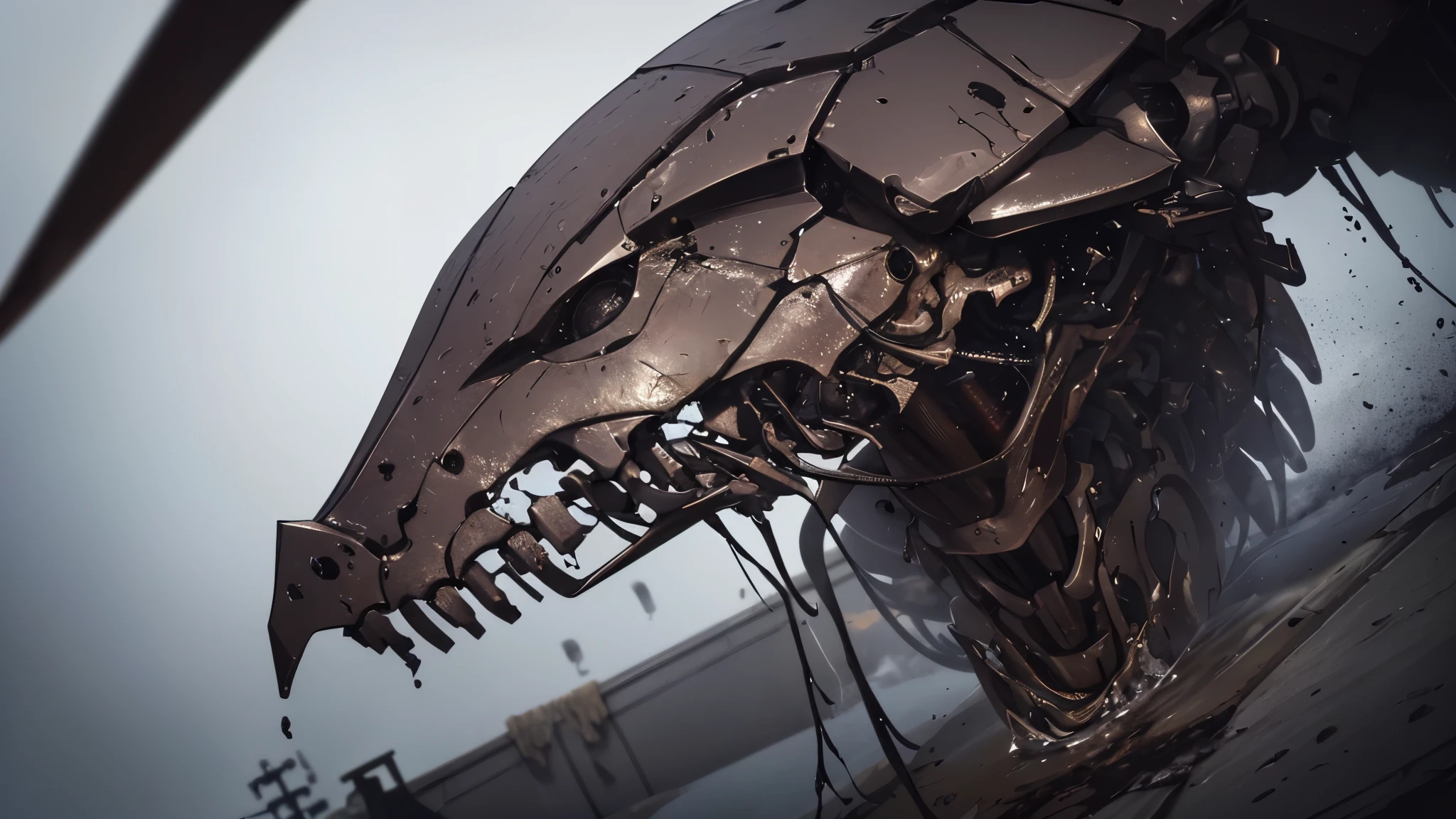 ((8K resolution))、((highest quality))、((masterpiece))、((Very detailed))((((dramatic))), (Anatomically correct)、The depth of the object to write、Looking at the camera、front、(Mechanical bones格、Mechanical boneechanical Cervical Vertebra、Long and thin、lipstick、Spit sludge from the mouth、Bloody)、spooky、an  ominous、((theme、whole body:1.1)), SF、rifle、Biomechanics、Design、background:Maintenance Dock