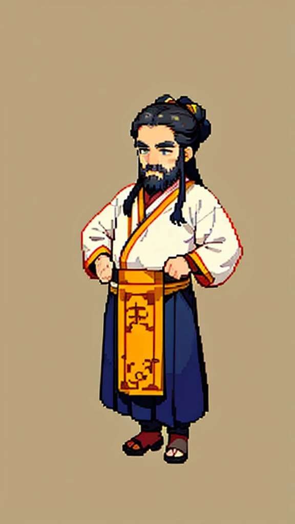 Old man in ancient Chinese costume、Wise Old Man、Looking into the camera、Her hair is tied in a bun、Only one topknot、Long sleeve、Hanfu、Black Hair、Stand and pose、Pixel art、(masterpiece, highest quality, highest quality), pixel,pixel art,whole body,Characters in Romance of the Three Kingdoms、Transform、(beard)、Short Deformation、Old man with long beard