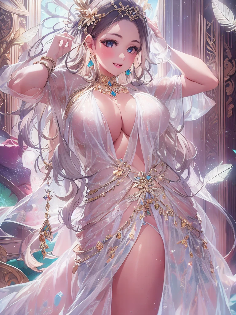 Mature Woman, Looking at the audience, Attractive breasts,Sensual curves、bubble、Full Body Shot,Nightgown, Charming smile, Thick lips, Plump Lip, blush, Looking at the audience, Provocative expression, Beautiful Hairstyles, Cleavage, plump、Curvy Hips、Attractive face、Mischievous face、Sexy Lingerie、An inviting gaze、Expressing emotions、colored feather, Money Decoration, particle, Light, (masterpiece, highest quality, highest quality, Official Art, beautifully、aesthetic:1.2), (1 girl:1.3), Very detailed,(Fractal Art:1.1),(colorful:1.1)(Flowers:1.3),Most detailed, (Dynamic pose), (Shiny skin), (Many colors :1.4), ,(Earrings:1.4), (feather:1.4),masterpiece,Mr.々Hair style,Money Headband,Tulle covers the chest,Perfect balance, Detailed details of the garment,marble,cinematicLighting, Film Grain, contrast of Light and dark,High detail,(((Gorgeous Accessories))))、Openwork decoration,(((See-through dress)))、(((Anatomically correct body))) ,1 girl, (High resolution), (8k), (Very detailed), Perfect Face, Beautiful eyes and face, (((highest quality))), (Very detailed), Detailed face and eyes, Beautiful Eyes,(((Sexy pose))),Beautiful Eyes、Transparent double eyelids、(((Super gorgeous background)))、Bright Eyes,Money,diamond,gem,Body Chain,Luxury Accessories,beautifully、aesthetic,flower、(((Super gorgeous background)))、Bright Eyes