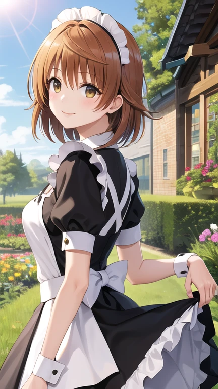 masterpiece, best quality, highres, Yuusaki Riko, short hair, brown eyes, maid, maid headdress, skirt hold, garden, smile