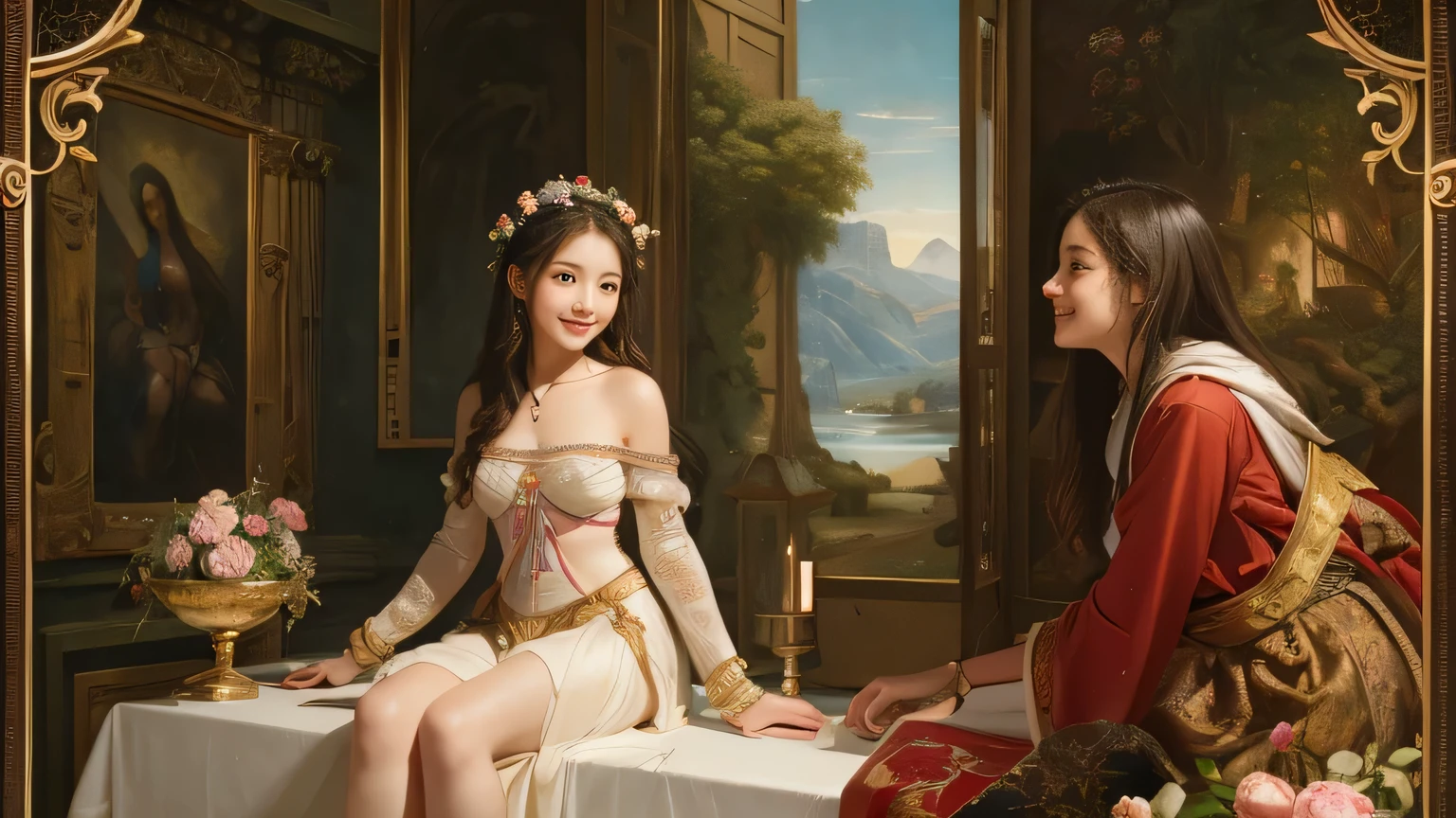 Giorgione painting style,Arguments of two female Philosophe,math、astronomical machine、astronaut、roses in vase、fruits、Cute trinkets、smile、ancient greek costume、Background is a forest lake at night 、Clothes that stretch your shoulders、A big smile、beautiful bare skin、A detailed representation of the seducing woman throughout her body.