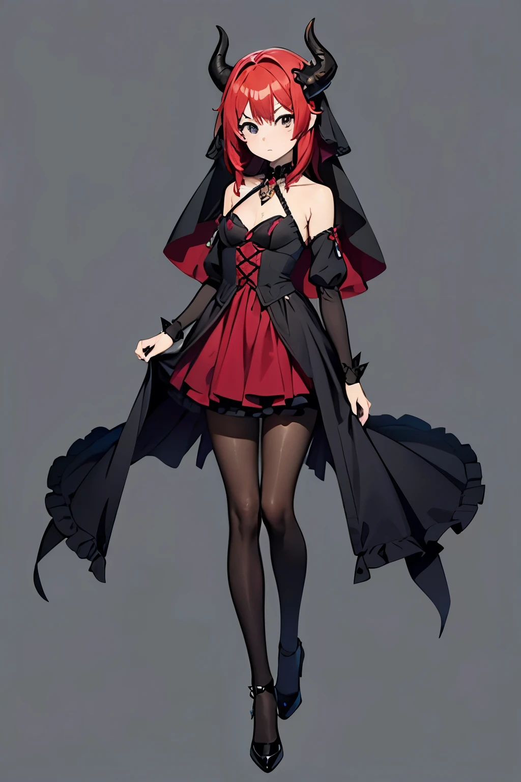 This character is a teenage girl with horns that are 13.2 centimeters high and 1.28 centimeters thick. The horns are located on the upper left side of her head, showing remnants of her previous life as a Hollow helmet.
Ella tiene corto, rojo y Fuego carmesí
Her hair is short and reaches her shoulders. She has small breasts, approximately 2 and 1.5 centimeters high and 1.10 centimeters thick. She is 20 years a woman in a red and black dress with a veil, gothic maiden anime girl, cute anime waifu in a nice dress, anime girl wearing a black dress, wearing fantasy formal clothing, grayscale phtoto with red dress, an elegant gothic princess, rias gremory, black red white clothes, my dress up darling anime, full body adoptable, outfit design
(Estos tatuajes de cuerpo 8.9 great attention to detail.)