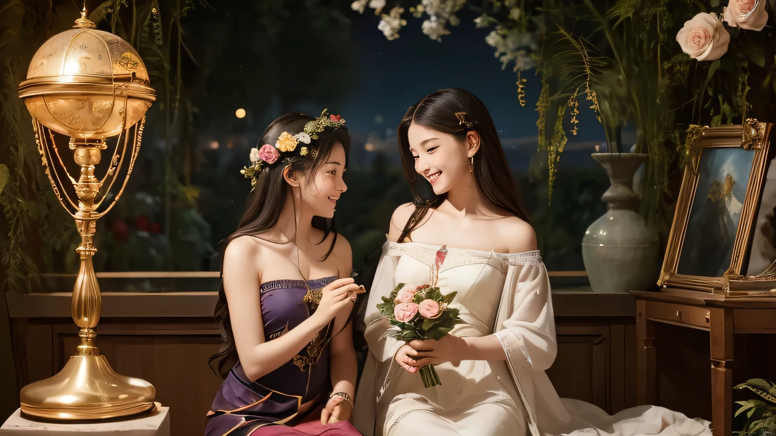 Giorgione painting style,Arguments of two female Philosophe,math、astronomical machine、astronaut、roses in vase、fruits、Cute trinkets、smile、ancient greek costume、Background is a forest lake at night 、Clothes that stretch your shoulders、A big smile、beautiful bare skin、A detailed representation of the seducing woman throughout her body.