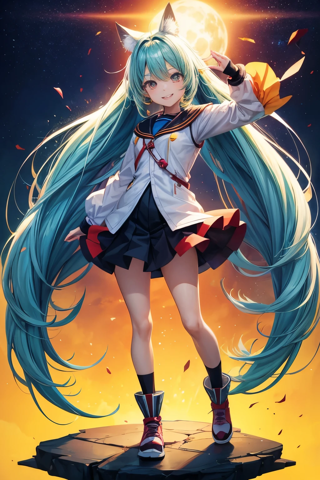 Full body, anime girl, standing, smile, looking at viewer, long gradient color hair, Active and cheerful personality, empty background