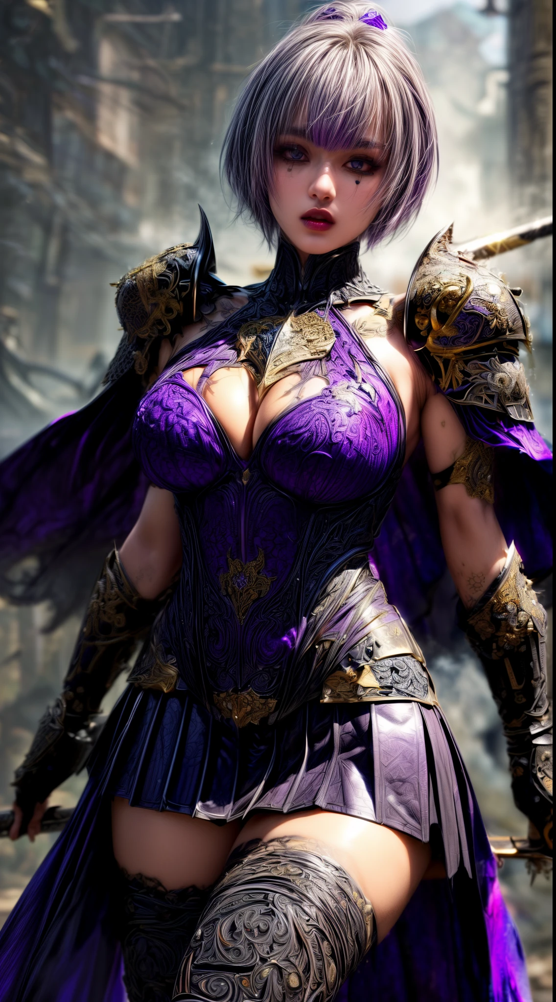 Very beautiful woman、Slender women、(Detailed face)、Realistic Skin、((Dark Knight)), (Dark purple:1.2)、((((Black armor with very fine and intricate decoration:1.5))))、((Delicate photo))，(Girl Astepeace RAW Photo Details:1.25), (highest quality:1.6), (超A high resolution:1.5), (Realistic:1.75), 8K resolution, Canon EOS R5, 50mm, Absurd, Ultra-detailed,Cinema Lighting,((battlefield))、((battle))、(((Dark grey skirt with embellishments)))、Thigh-high socks、Shin Guardulticolored Hair;1.2)、(Gradient Hair:1.2)、((Light gray hair:1.2))、((light purple hair:1.2))、((Pixie Cut:1.2))、(I can see your ripped abs)、Cape、Beautiful Armor、(((Has a huge weapon)))、(In combat)、((Armor with a bizarre and ugly design:1.5))、((((Purple Mist))))、(((Leading a large group of knights:1.2)))、Purple military flag、Tarantula-inspired armor、(((Battle Scene)))、(((Purple Tarantula)))、((Dark circles under the eyes))、((eye shadow))、Black Lip