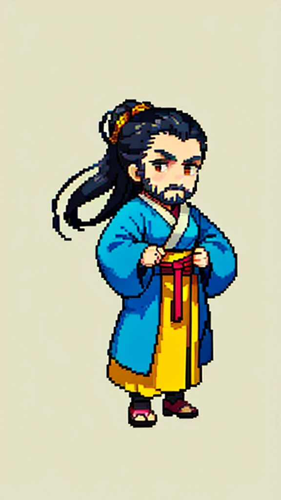 Old man in ancient Chinese costume、Wise Old Man、Looking into the camera、Her hair is tied in a bun、Only one topknot、Long sleeve、Hanfu、Black Hair、Stand and pose、Pixel art、(masterpiece, highest quality, highest quality), pixel,pixel art,whole body,Characters in Romance of the Three Kingdoms、Transform、(beard)、Short Deformation、Old man with long beard