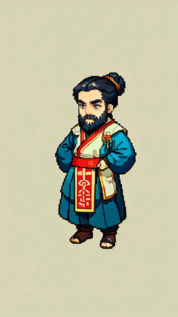 Old man in ancient Chinese costume、Wise Old Man、Looking into the camera、Her hair is tied in a bun、Only one topknot、Long sleeve、Hanfu、Black Hair、Stand and pose、Pixel art、(masterpiece, highest quality, highest quality), pixel,pixel art,whole body,Characters in Romance of the Three Kingdoms、Transform、(beard)、Short Deformation、Old man with long beard