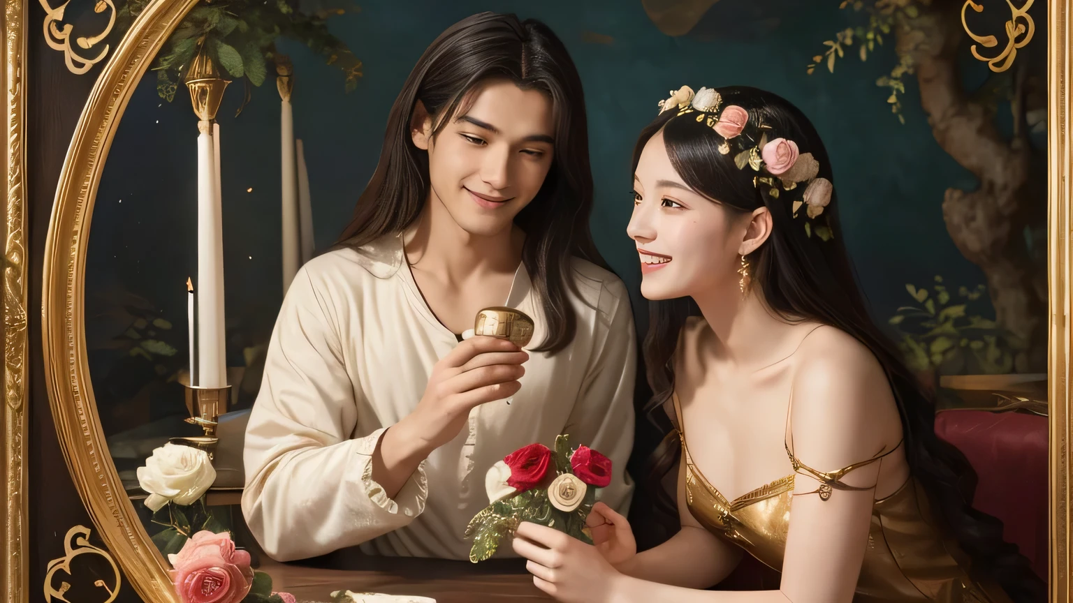 Giorgione painting style,Arguments of two female Philosophe,math、astronomical machine、astronaut、roses in vase、fruits、Cute trinkets、smile、ancient greek costume、Background is a forest lake at night 、Clothes that stretch your shoulders、A big smile、beautiful bare skin、A detailed representation of the seducing woman throughout her body.