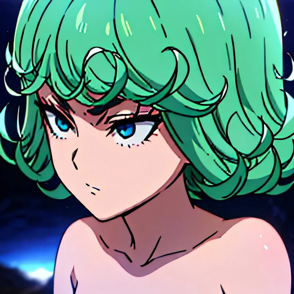 One Punch Man Tatsumaki (hyper realistic, age 17, big eyes, sexy 2 piece bikini) yelling at Saitama (second subject: Saitama, pasty complexion, no shirt, swim trunks, looking confused), beach
