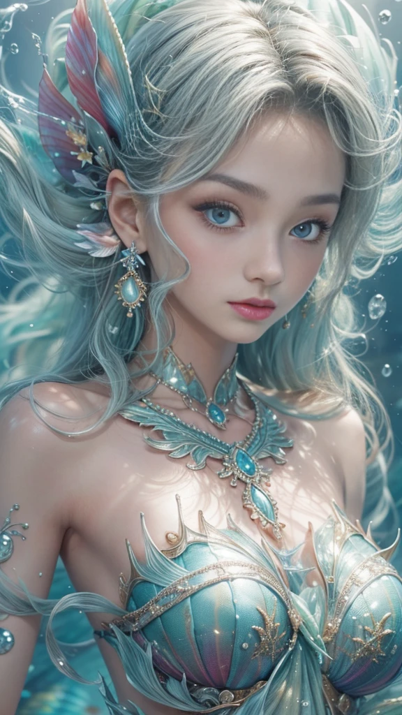 (RAW shooting, 32k, highest quality, masterpiece, Ultra-high resolution), (Under the sea at night:1.0, moonlight:0.7, Mysterious underwater world:1.3, Expressions of sadness:1.0), Full body image, Fractal Art:1.2, Perfect dynamic composition:1.2, Very detailedな肌と顔の質感:1.2, Beautiful shell and coral decoration, Surrounded by lots of colorful fish, Rich underwater vegetation, (A view from afar:1.3, Dynamic flow of water waves:1.2, Slim mermaid figure:1.1, Shimmering Scales, Mermaid tail), Fair skin, Incredibly slim body:1.0, Very beautiful face, Water droplets on the skin, Very detailed, Gorgeous silver shiny dress portrait, Big eyes that exude beauty, Beautiful big lips, elegant and sophisticated, Unreal atmosphere, necklace, Earrings, bracelet