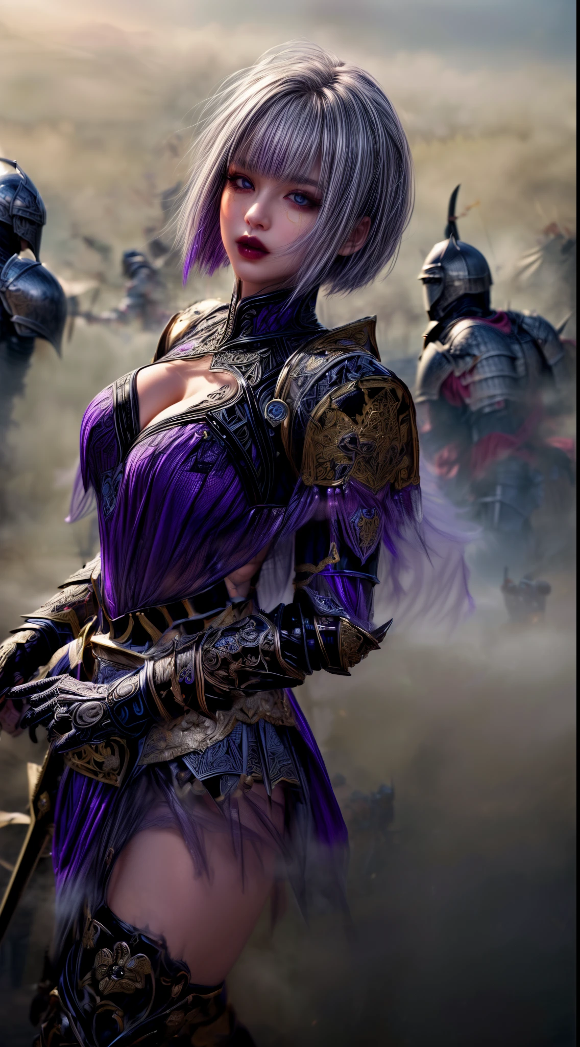 Very beautiful woman、Slender women、(Detailed face)、Realistic Skin、((Dark Knight)), (Dark purple:1.2)、((((Black armor with very fine and intricate decoration:1.5))))、((Delicate photo)),(Girl Astepeace RAW Photo Details:1.25), (highest quality:1.6), (超A high resolution:1.5), (Realistic:1.75), 8K resolution, Canon EOS R5, 50mm, Absurd, Ultra-detailed,Cinema Lighting,((battlefield))、((battle))、(((Dark grey skirt with embellishments)))、Thigh-high socks、Shin Guardulticolored Hair;1.2)、(Gradient Hair:1.2)、((Light gray hair:1.2))、((light purple hair:1.2))、((Pixie Bob:1.2))、(I can see your ripped abs)、Cape、Beautiful Armor、(((Has a huge weapon)))、(In combat)、((Unusual Armor:1.7))、((((fog:1.6))))、(((Leading a large group of knights:1.4)))、Purple military flag、Tarantula-inspired armor、(((Battle Scene)))、(((Purple Tarantula)))、((Dark circles under the eyes))、((eye shadow))、Black Lip、Knight Commander、action