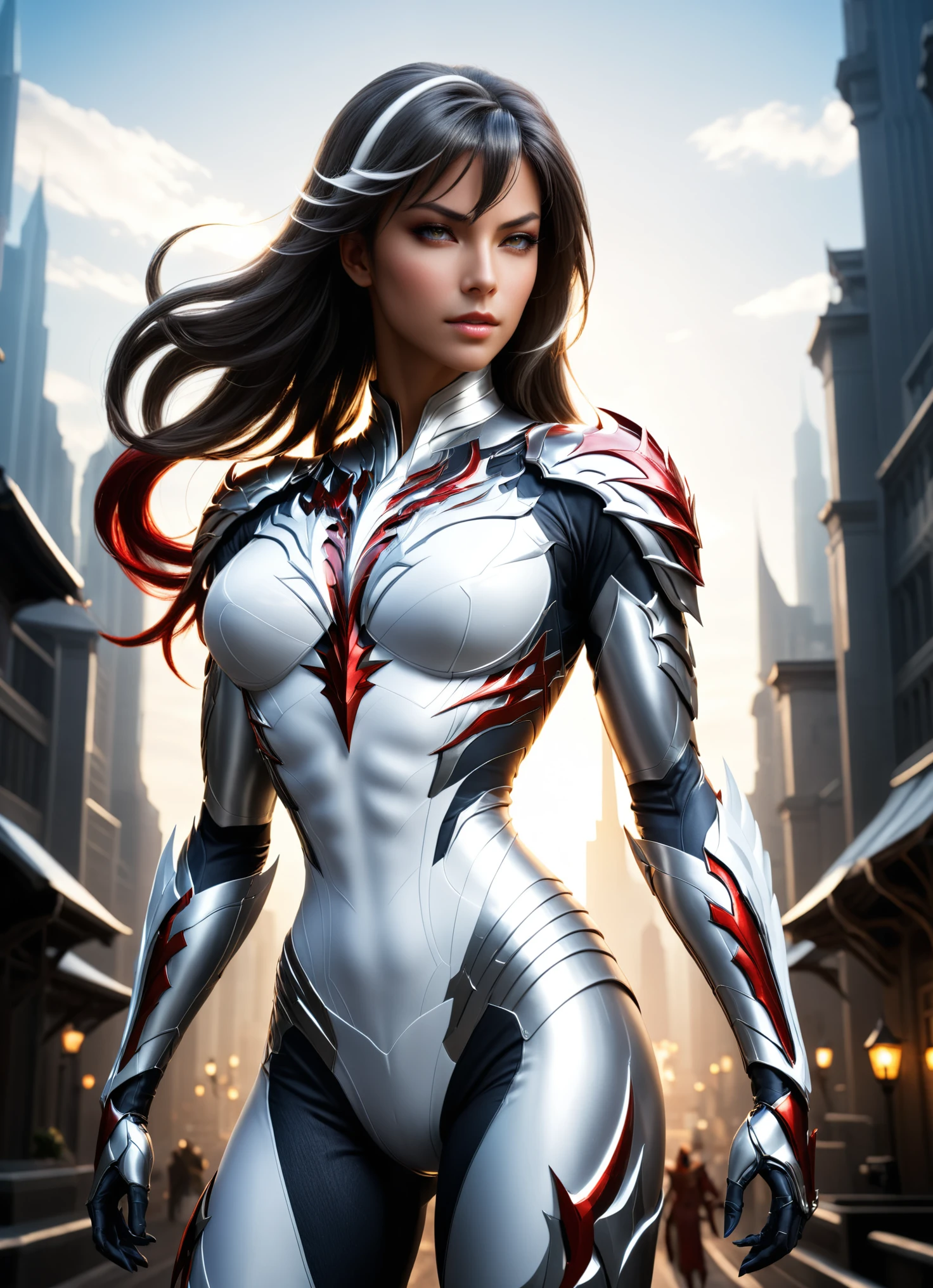 concept art (Digital Artwork:1.3) of (Simple illustration:1.3) a woman in a silver and white costume standing in a city, from lineage 2, wearing witchblade armor, lineage 2 revolution style, unreal engine render saint seiya, of a beautiful female warframe, from ncsoft, silver armor and red clothing, hyperdetailed fantasy character, style game square enix, unreal engine render a goddess, 8 k character details CGSociety,ArtStation,(Low Contrast:1.3) . digital artwork, illustrative, painterly, matte painting, highly detailed