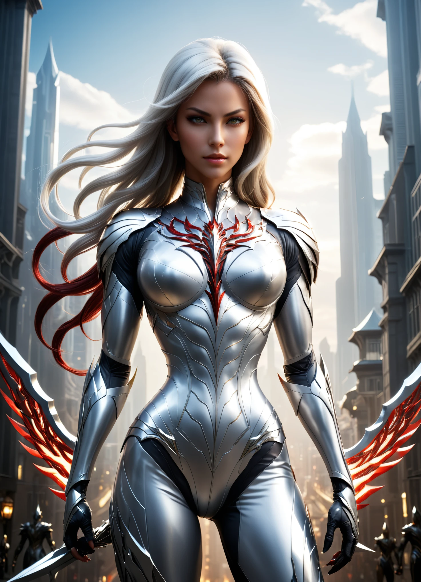 concept art (Digital Artwork:1.3) of (Simple illustration:1.3) a woman in a silver and white costume standing in a city, from lineage 2, wearing witchblade armor, lineage 2 revolution style, unreal engine render saint seiya, of a beautiful female warframe, from ncsoft, silver armor and red clothing, hyperdetailed fantasy character, style game square enix, unreal engine render a goddess, 8 k character details CGSociety,ArtStation,(Low Contrast:1.3) . digital artwork, illustrative, painterly, matte painting, highly detailed