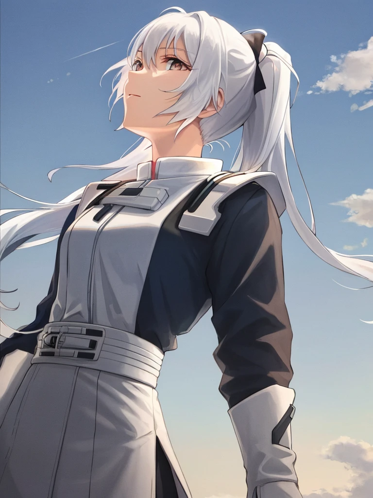 Upper body with white hair in double ponytails, back to back, looking up at the sky