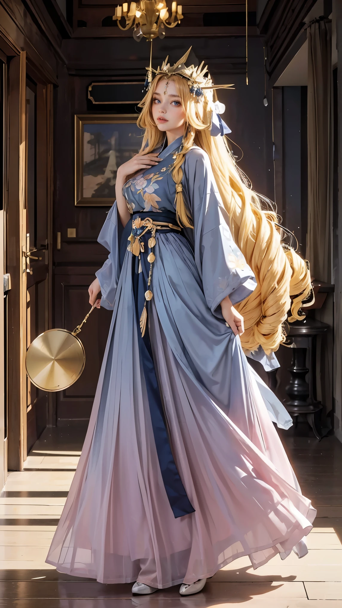 Best quality, masterpiece, ultra high res, raw photo, beautiful and aesthetic, deep shadow, fairy theme,(ultra detailed:1.3),
1girl, standing pose, headdress, drill hair, long hair, blonde hair, gradient hair, yellow eyes, solo, huge breasts, big hair, blue hair, divine goddess, looking at viewer, indoors, modern bedroom, room full of curtain, astraea, full body, hanfu, long black shirt, floral print, long pink skirt, long sleeves.