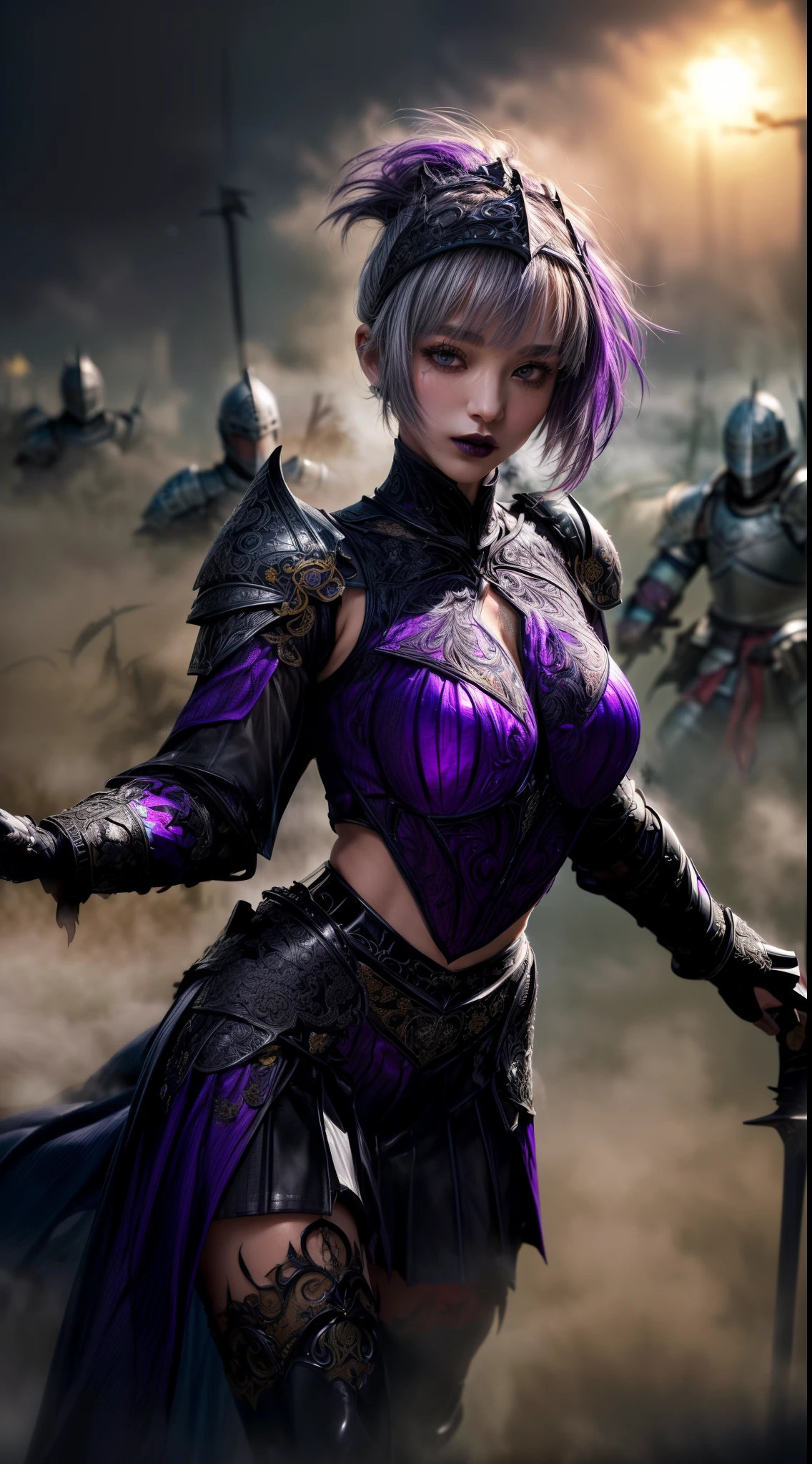 Very beautiful woman、Slender women、(Detailed face)、Realistic Skin、((Dark Knight)), (Dark purple:1.2)、((((Black armor with very fine and intricate decoration:1.5))))、((Delicate photo))，(Girl Astepeace RAW Photo Details:1.25), (highest quality:1.6), (超A high resolution:1.5), (Realistic:1.75), 8K resolution, Canon EOS R5, 50mm, Absurd, Ultra-detailed,Cinema Lighting,((battlefield))、((battle))、(((Dark grey skirt with embellishments)))、Thigh-high socks、Shin Guardulticolored Hair;1.2)、(Gradient Hair:1.2)、((Light gray hair:1.2))、((light purple hair:1.2))、((Pixie Bob:1.2))、(I can see your ripped abs)、Cape、Beautiful Armor、(((Has a huge weapon)))、(In combat)、((Unusual Armor:1.7))、((((fog:1.6))))、(((Leading a large group of knights:1.4)))、Purple military flag、Tarantula-inspired armor、(((Battle Scene)))、(((Purple Tarantula)))、((Dark circles under the eyes))、((eye shadow))、Black Lip、Knight Commander、action