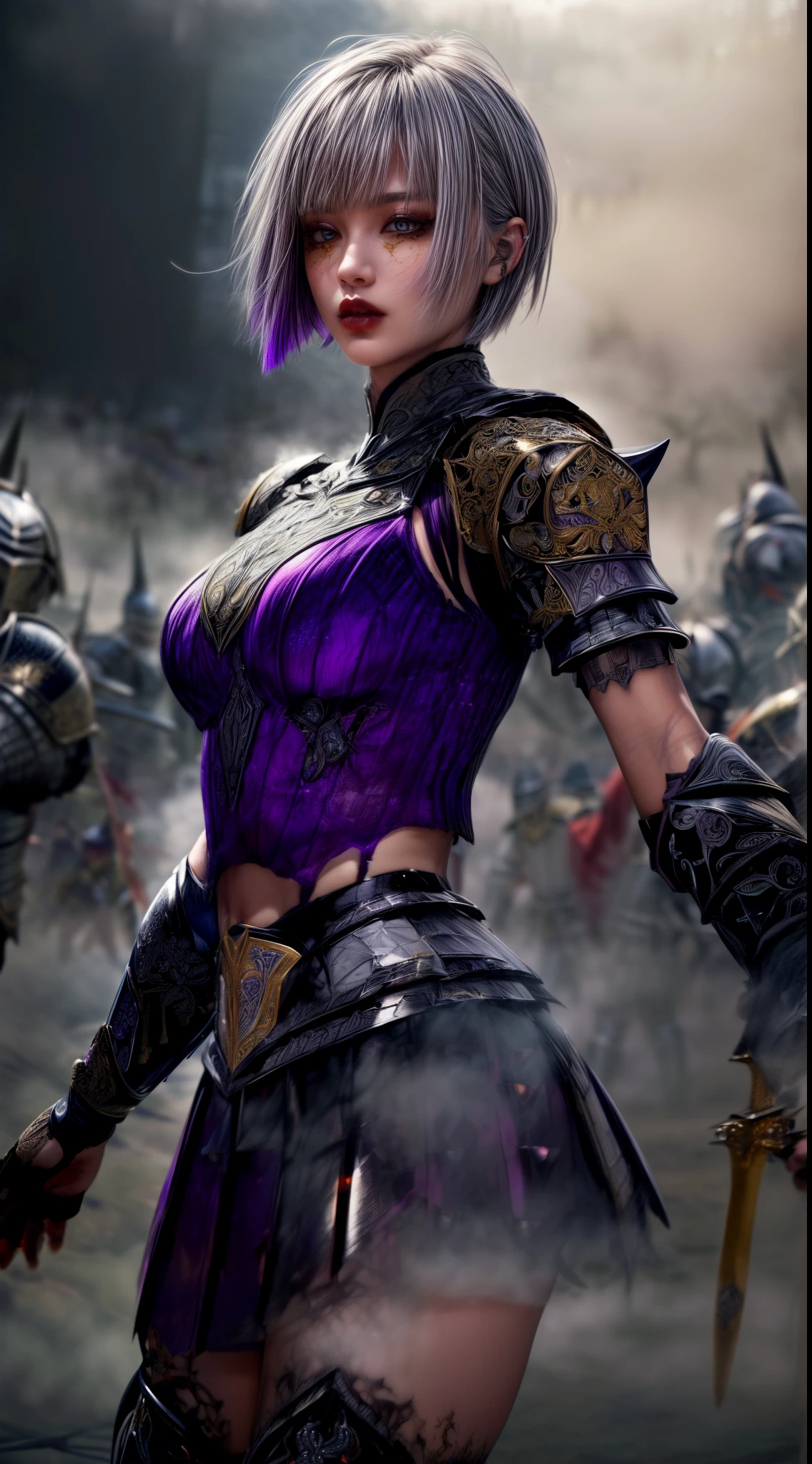 Very beautiful woman、Slender women、(Detailed face)、Realistic Skin、((Dark Knight)), (Dark purple:1.2)、((((Black armor with very fine and intricate decoration:1.5))))、((Delicate photo))，(Girl Astepeace RAW Photo Details:1.25), (highest quality:1.6), (超A high resolution:1.5), (Realistic:1.75), 8K resolution, Canon EOS R5, 50mm, Absurd, Ultra-detailed,Cinema Lighting,((battlefield))、((battle))、(((Dark grey skirt with embellishments)))、Thigh-high socks、Shin Guardulticolored Hair;1.2)、(Gradient Hair:1.2)、((Light gray hair:1.2))、((light purple hair:1.2))、((Pixie Bob:1.2))、(I can see your ripped abs)、Cape、Beautiful Armor、(((Has a huge weapon)))、(In combat)、((Unusual Armor:1.7))、((((fog:1.6))))、(((Leading a large group of knights:1.4)))、Purple military flag、Tarantula-inspired armor、(((Battle Scene)))、(((Purple Tarantula)))、((Dark circles under the eyes))、((eye shadow))、Black Lip、Knight Commander、action
