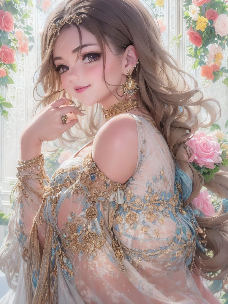 50 year old mature woman, Looking at the audience, Attractive breasts,Sensual curves、bubble、Full Body Shot,Nightgown, Charming smile, Thick lips, plump唇, blush, Looking at the audience, Provocative expression, Beautiful Hairstyles, Cleavage, plump、Curvy Hips、Attractive face、Mischievous face、Sexy Lingerie、An inviting gaze、Expressing emotions、colored feather, Money属装飾品, particle, Light, (masterpiece, highest quality, highest quality, Official Art, beautifully、aesthetic:1.2), (1 girl:1.3), Very detailed,(Fractal Art:1.1),(colorful:1.1)(flowerズ:1.3),Most detailed, (Dynamic pose), (Shiny skin), (Many colors :1.4), ,(Earrings:1.4), (feather:1.4),masterpiece, 30~40 years, Mr.々Hair style,Moneyのヘッドバンド,Tulle covers the chest,Perfect balance, Detailed details of the garment,marble,cinematicLighting, Film Grain, contrast of Light and dark,High detail,(((Gorgeous Accessories))))、Openwork decoration,(((See-through dress)))、(((Anatomically correct body))) ,1 girl, (High resolution), (8k), (Very detailed), Perfect Face, Beautiful eyes and face, (((highest quality))), (Very detailed), Detailed face and eyes, Beautiful Eyes,(((Sexy pose,Beautiful Eyes、Transparent double eyelids、(((Super gorgeous background)))、Bright Eyes,Money,diamond,gem,Body Chain,Luxury Accessories,beautifully、aesthetic,flower、(((Super gorgeous background)))、Bright Eyes
