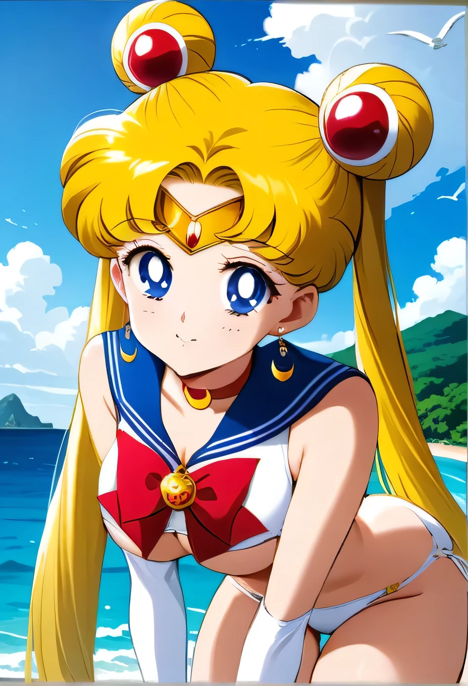 (masterpiece, best quality, very aesthetic, ultra detailed), intricate details, 4k, aausagi, long hair, double bun, twintails, parted bangs, tiara, earrings, blue eyes, red choker, blue sailor collar, red bow, elbow gloves, white gloves, smile, shushing, leaning forward, upper body, finger to mouth, bare shoulders, straddling, straddling viewer, masterpiece, 1girl, HDR, UHD, 4K, ocean, island, outdoors, bright sky, sunny, clear sky, white bikini, two piece bikini, thong panties, white thong, big breasts, cleavage, slim waist, slim stomach, slim, underboob, nice thighs, nice ass, big ass, cameltoe, full frame, upper body in frame, cowboy shot, portrait
