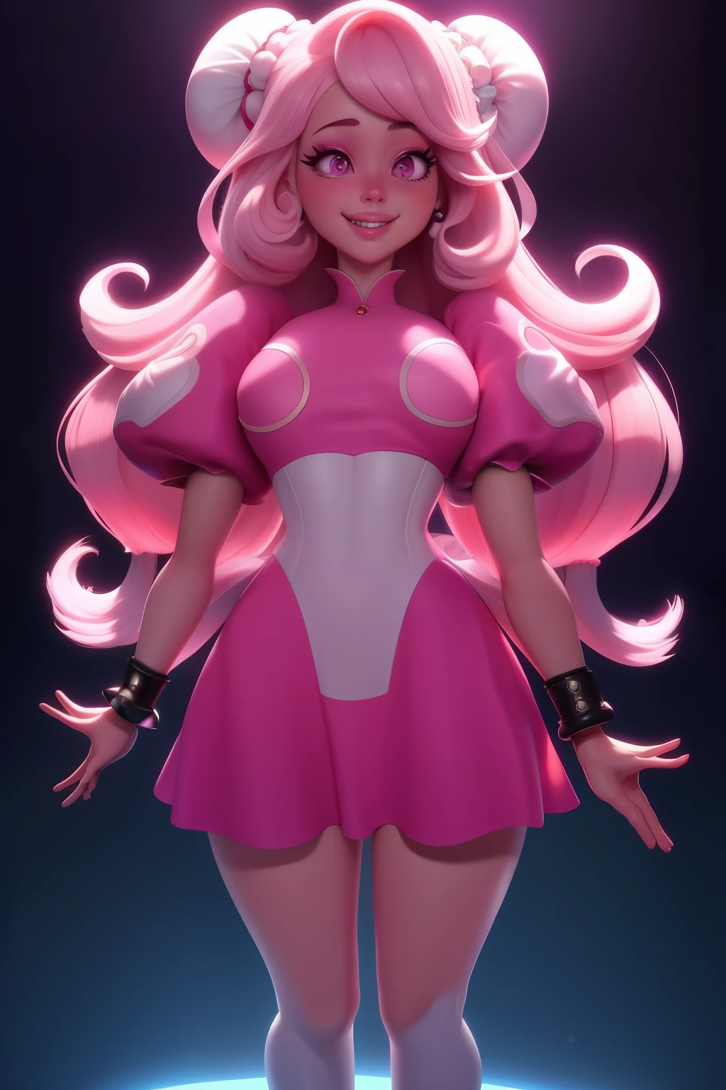 ((masterpiece,best quality)),1girl,beautiful detailed eyes, detailed face, (full body:1.2), pink long hair, pink heart eyes,massive sized breasts, (black background:1.2), pink particles, shaded face naked with nothing on her body