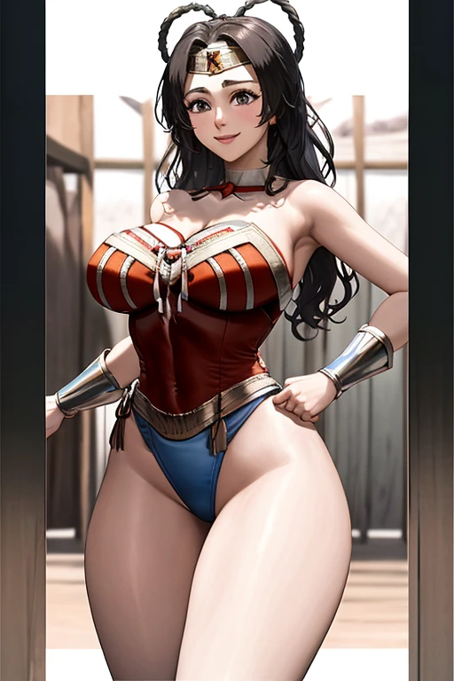 masterpiece, best quality, beautiful art, high resolution, well formed hands, body and fingers, 1 woman, solo, Xiangling, wearing a wonder woman outfit , long hair, , adult, big breasted, cleavage, hair ribbon, full body, sexy and skimpy outfit , gorgeous legs and thighs , she is doing exercise, warming up, working out, sexy and captivating training, looking at the viewer, smiling joyfully and happily , sweating , bouncing breasts , training montage session, beach environment