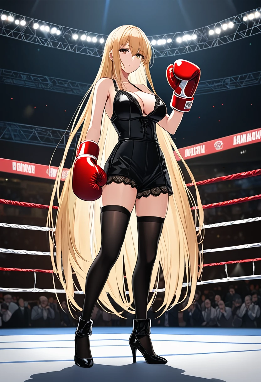 high quality, detailed picture, Anime style, girl, Arrogant smile, Long straight blond hair, Wearing black fun lingerie, Wearing boxing gloves, Black garter stockings,High heel, Standing alone in the octagon,Raise your hands to face height for defense,Large Breasts，Cleavage，Long legs