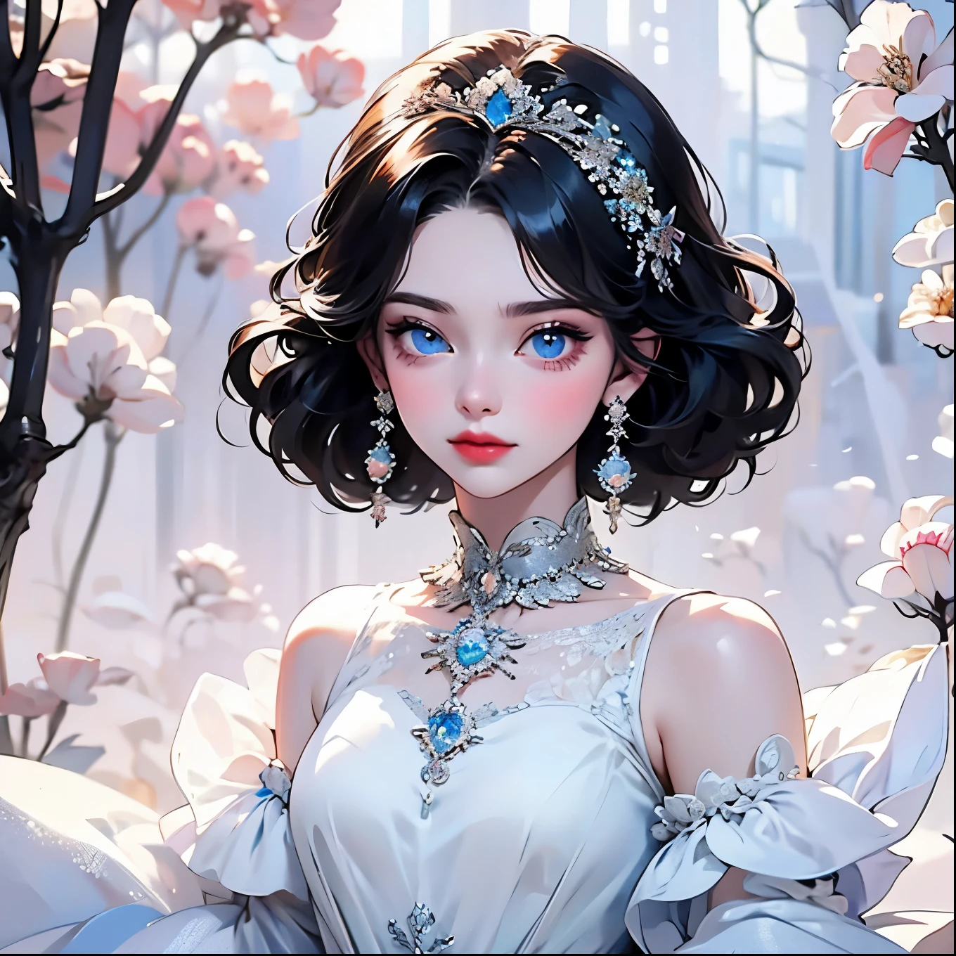 A beautiful young princess，Black hair and blue eyes, She is wearing a beautiful white dress