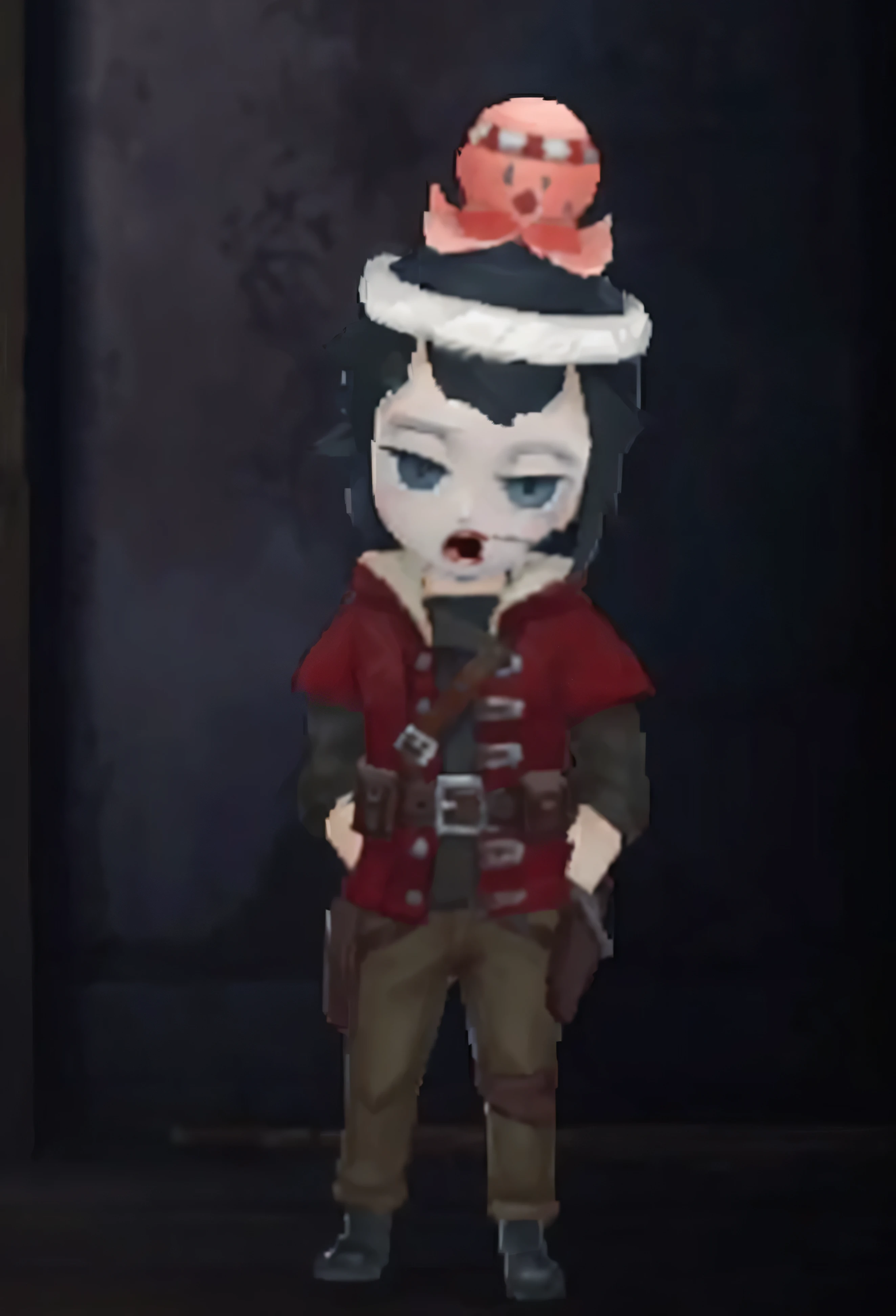 a close up of a person with a hat on a head, thief red riding hood, fully red eyes no pupils, from bravely default ii, dressed in crustpunk clothing, he has a red hat, gloomy face, bloodborne style, lalafell, mechanic punk outfit, ((red)) baggy eyes, female rouge assassin, cute character, octopath traveller style