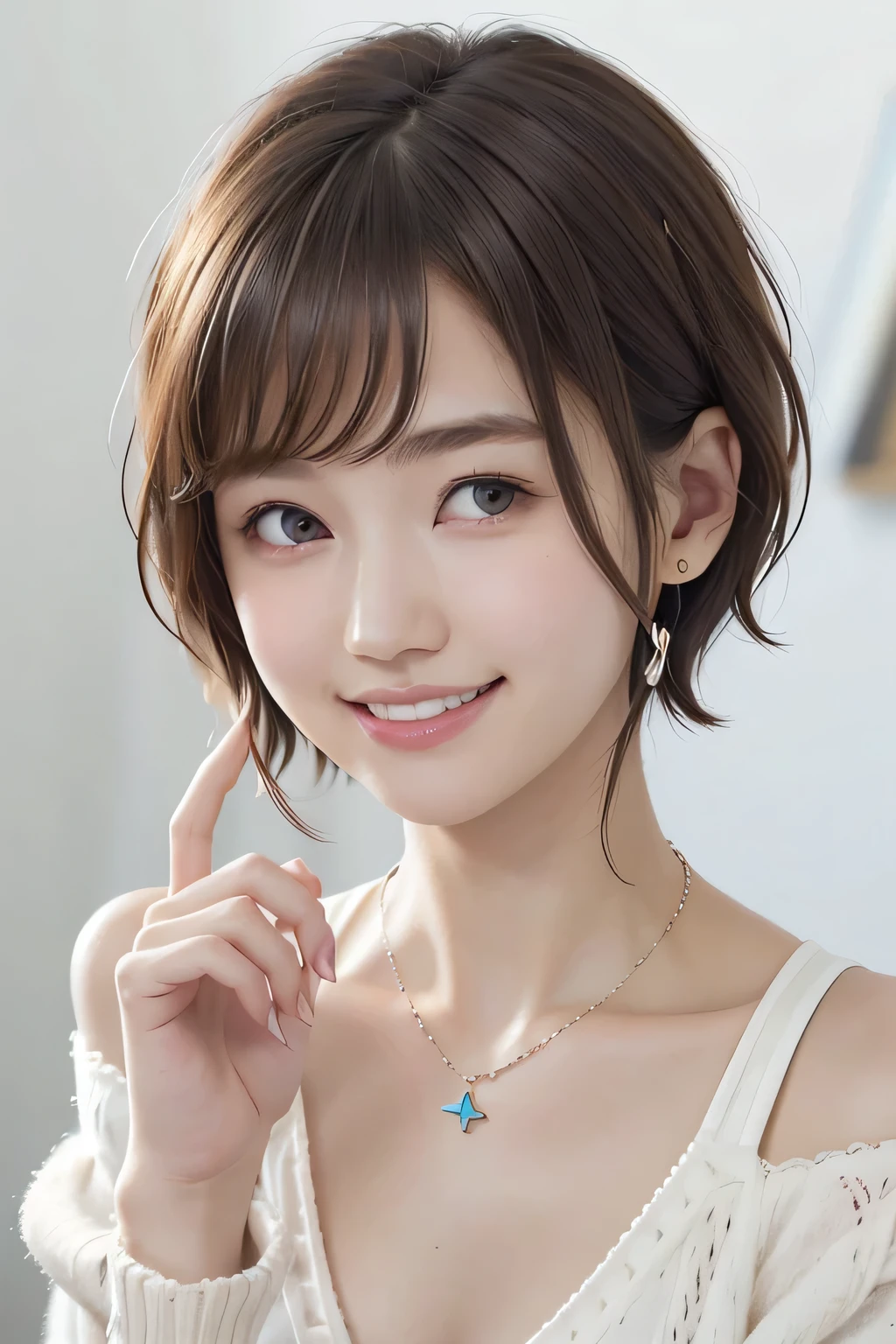 205 ((short hair)), 20-year-old female, In underwear、Put a cardigan over your shoulders、 A refreshing smile、Beautiful teeth alignment、Dark eyeliner、Dark brown hair、ear piercing、Necklace around the neck、Looking at the camera