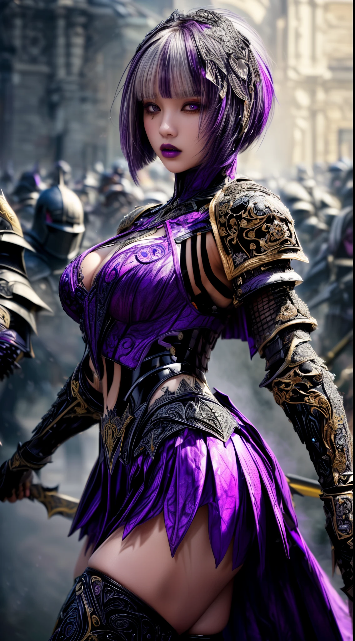 Very beautiful woman、Slender women、(Detailed face)、Realistic Skin、((Dark Knight)), (Dark purple:1.2)、((((Black armor with very fine and intricate decoration:1.5))))、((Delicate photo))，(Girl Astepeace RAW Photo Details:1.25), (highest quality:1.6), (超A high resolution:1.5), (Realistic:1.75), 8K resolution, Canon EOS R5, 50mm, Absurd, Ultra-detailed,Cinema Lighting,((battlefield))、((battle))、(((Dark grey skirt with embellishments)))、Thigh-high socks、Shin Guardulticolored Hair;1.2)、(Gradient Hair:1.2)、((Light gray hair:1.2))、((light purple hair:1.2))、((Asymmetrical Pixie Bob:1.2))、(I can see your ripped abs)、Cape、Beautiful Armor、(((Has a huge weapon)))、(In combat)、((Armor with a bizarre and ugly design:1.5))、((((Purple Mist))))、(((Leading a large group of knights:1.2)))、Purple military flag、Tarantula-inspired armor、(((Battle Scene)))、(((Purple Tarantula)))、((Dark circles under the eyes))、((eye shadow))、Black Lip、((Too much exposed skin))、(action)