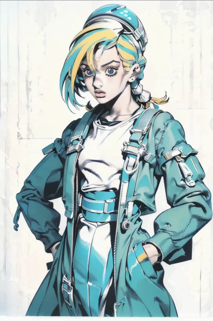 (best quality, masterpiece:1.1), close up, (1female), :3, golden hair, very short hair, wavy hair, dreadlocks, cyan colored bells on hair, explorer helmet, explorer jacket, white shirt, short cargopants, explorer boots, bag, ((magazine, magazine cover background, simple background:1.1)),