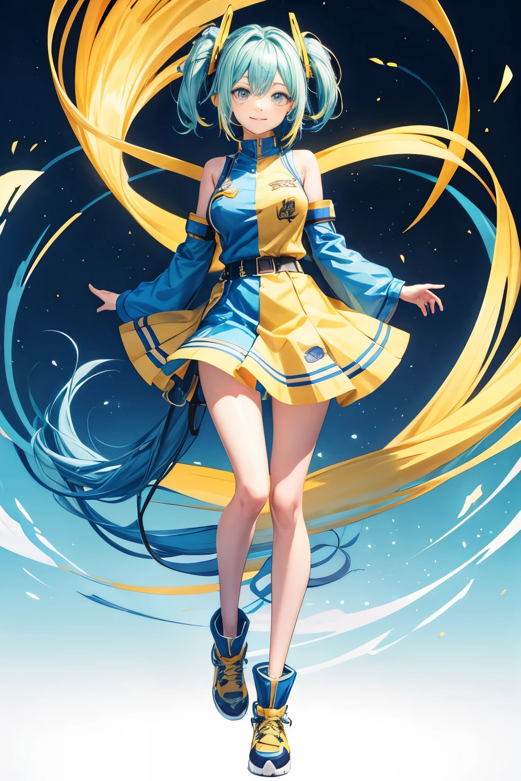 Full body, anime girl, standing, smile, looking at viewer, long blue and yellow hair, Active and cheerful personality, blank background