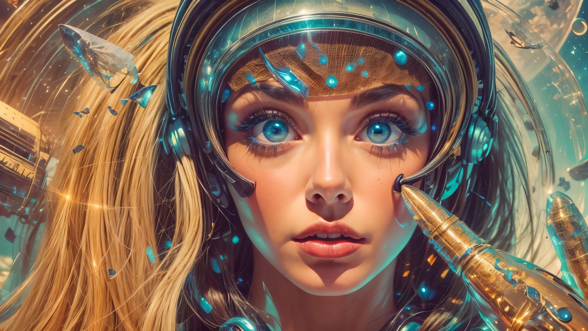 Sci-fi magazine cover by Lou Cameron, outer spaces, planets, stars, rockets, flying saucers, aliens, Lazer guns, Lazer beams, (beautiful woman, detailed hands, detailed eyes, worried expression),