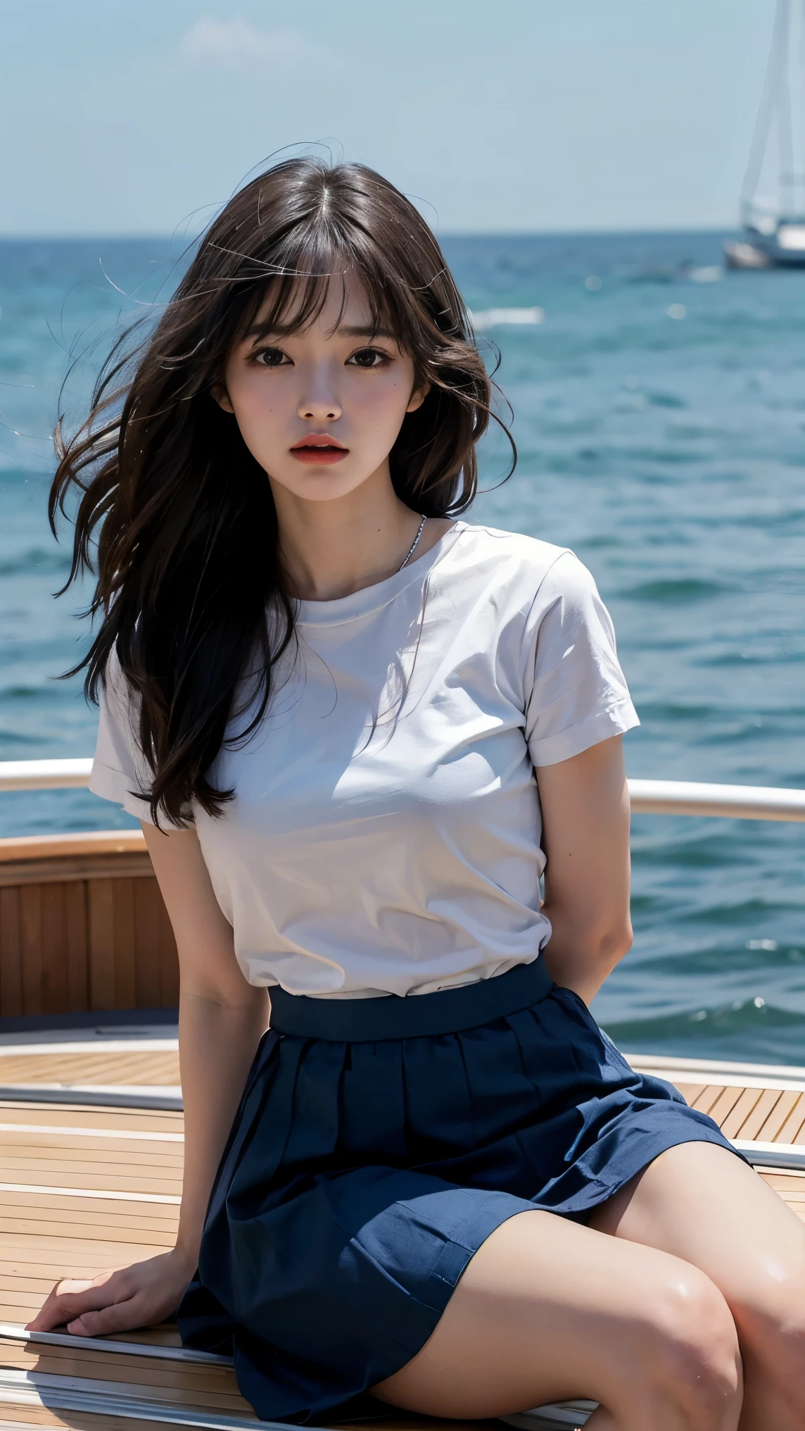 8k, Raw photo, highest quality, masterpiece:1.2), masterpiece, highest quality, figure, Very detailed, Fine details, High resolution, 8k,wallpaper, Perfect dynamic composition,(Detailed high quality, Realistic depiction of eyes:1.3)、 Woman、Arms wrapped around his back, hands tie behind back, Crouching on the deck of a yacht at sea、White panties are visible、My hair is blowing violently in the wind、Wearing a short-sleeved shirt、Wearing a long skirt、whole body、The whole thing faces forward、21talent、Beauty、Well-formed face、Make your eyes even、Beautiful black hair fluttering violently in the wind、There are fluttering bangs、Well-balanced proportionedium build、Beautiful legs、Refreshing small face、Beautiful scenery、