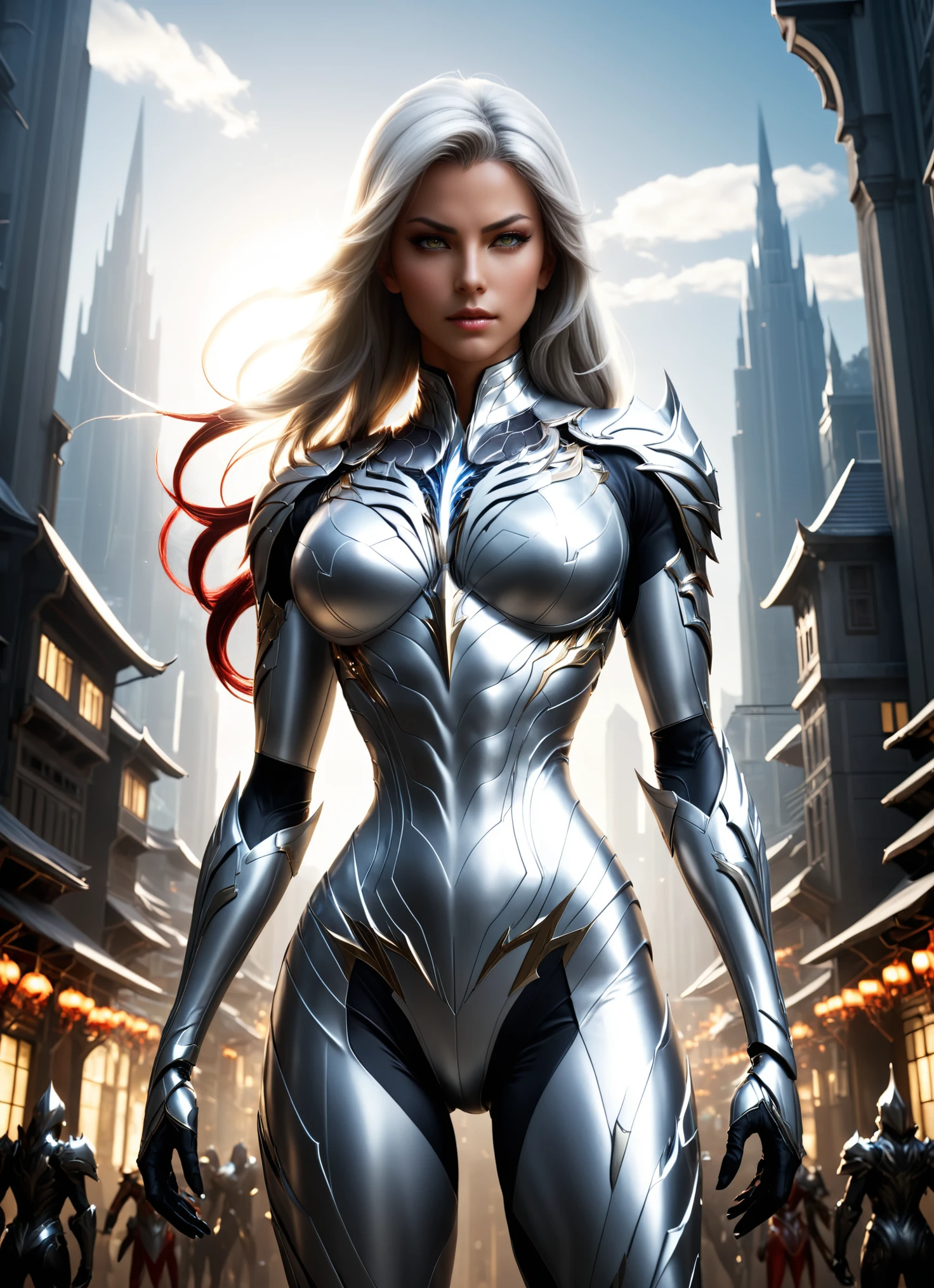 concept art (Digital Artwork:1.3) of (Simple illustration:1.3) a woman in a silver and white costume standing in a city, from lineage 2, wearing witchblade armor, lineage 2 revolution style, unreal engine render saint seiya, of a beautiful female warframe, from ncsoft, silver armor and red clothing, hyperdetailed fantasy character, style game square enix, unreal engine render a goddess, 8 k character details CGSociety,ArtStation,(Low Contrast:1.3) . digital artwork, illustrative, painterly, matte painting, highly detailed