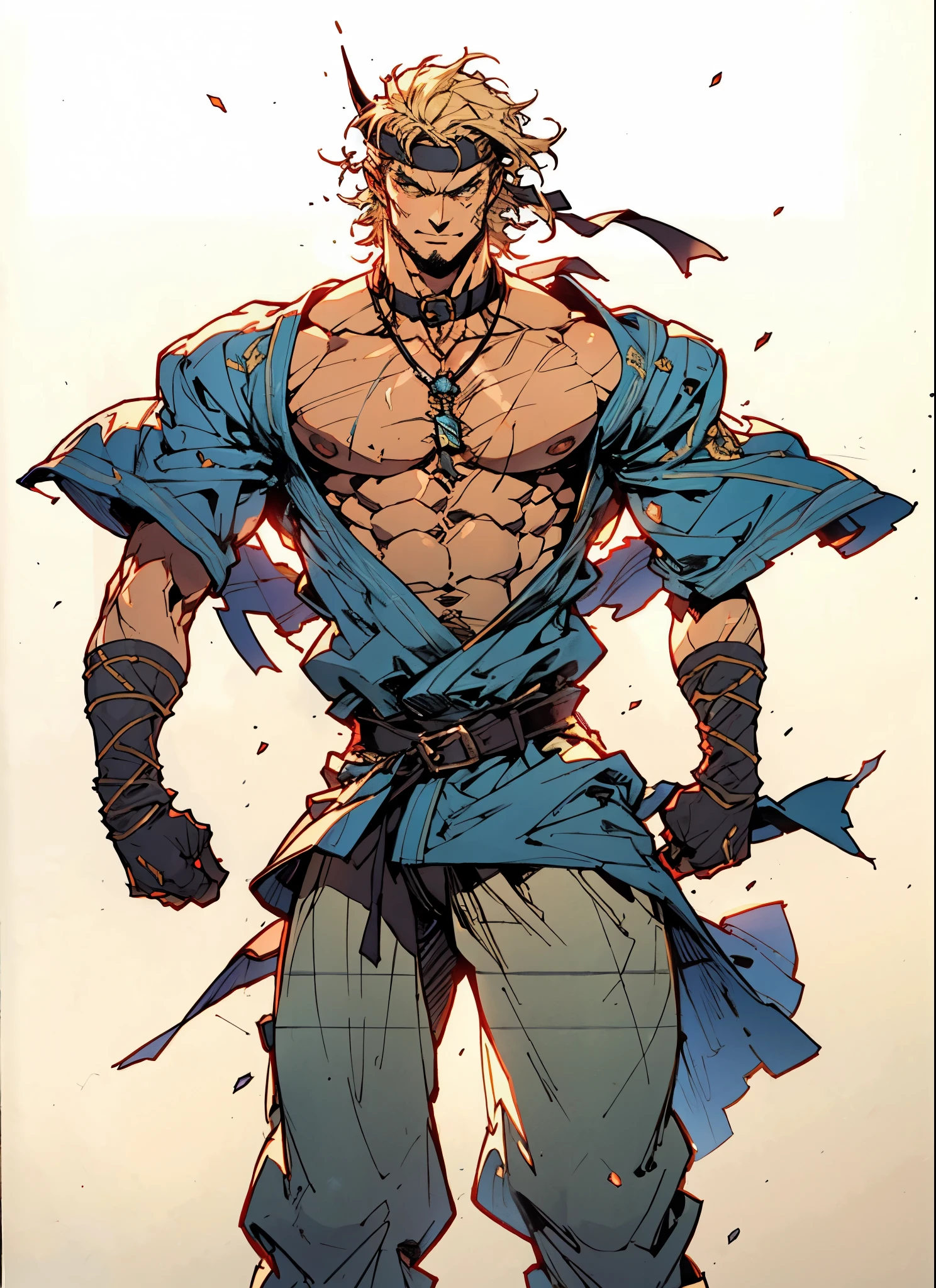 A middle-aged man with medium-length disheveled hair, a thick sideburn beard, wears an obsidian double-horned forehead protector, wild eyes, a confident smile, rugged features, a loose yellow robe in a fantasy martial arts style, an open collar revealing his muscular chest, a black cloth belt around his waist, loose flowing short sleeves, dark blue coarse cloth pants, standing atop a desolate mining hill under the scorching sun, his clothes flutter in the strong wind, this character embodies a finely crafted fantasy martial arts style monk in anime style, exquisite and mature manga art style, dramatic, high definition, best quality, highres, ultra-detailed, ultra-fine painting, extremely delicate, professional, perfect body proportions, golden ratio, anatomically correct, symmetrical face, extremely detailed eyes and face, high quality eyes, creativity, RAW photo, UHD, 32k, Natural light, cinematic lighting, masterpiece-anatomy-perfect, masterpiece:1.5