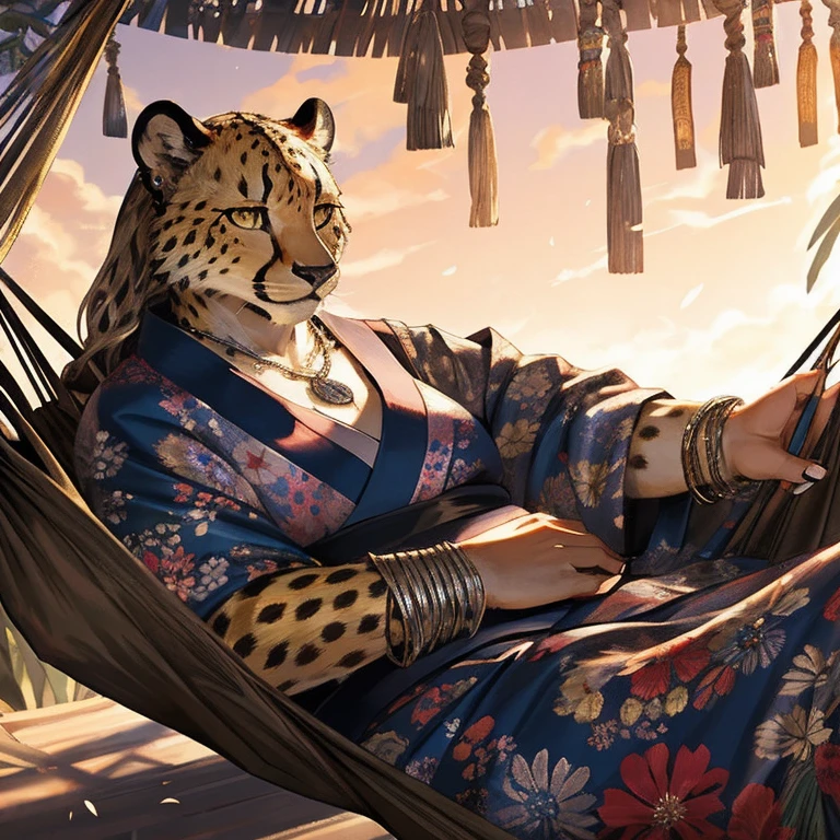 fat female cheetah, hammock, kimono, silver bracelets, silver necklace, silver earrings, detailed face, friendly face, detailed eyes, detailed nose, detailed lips, laying cheetah, realistic, photorealistic, ultra-detailed, 8k, best quality, masterpiece, cinematic lighting, dynamic composition, warm color palette, glowing fur, intricate patterns, flowing fabric