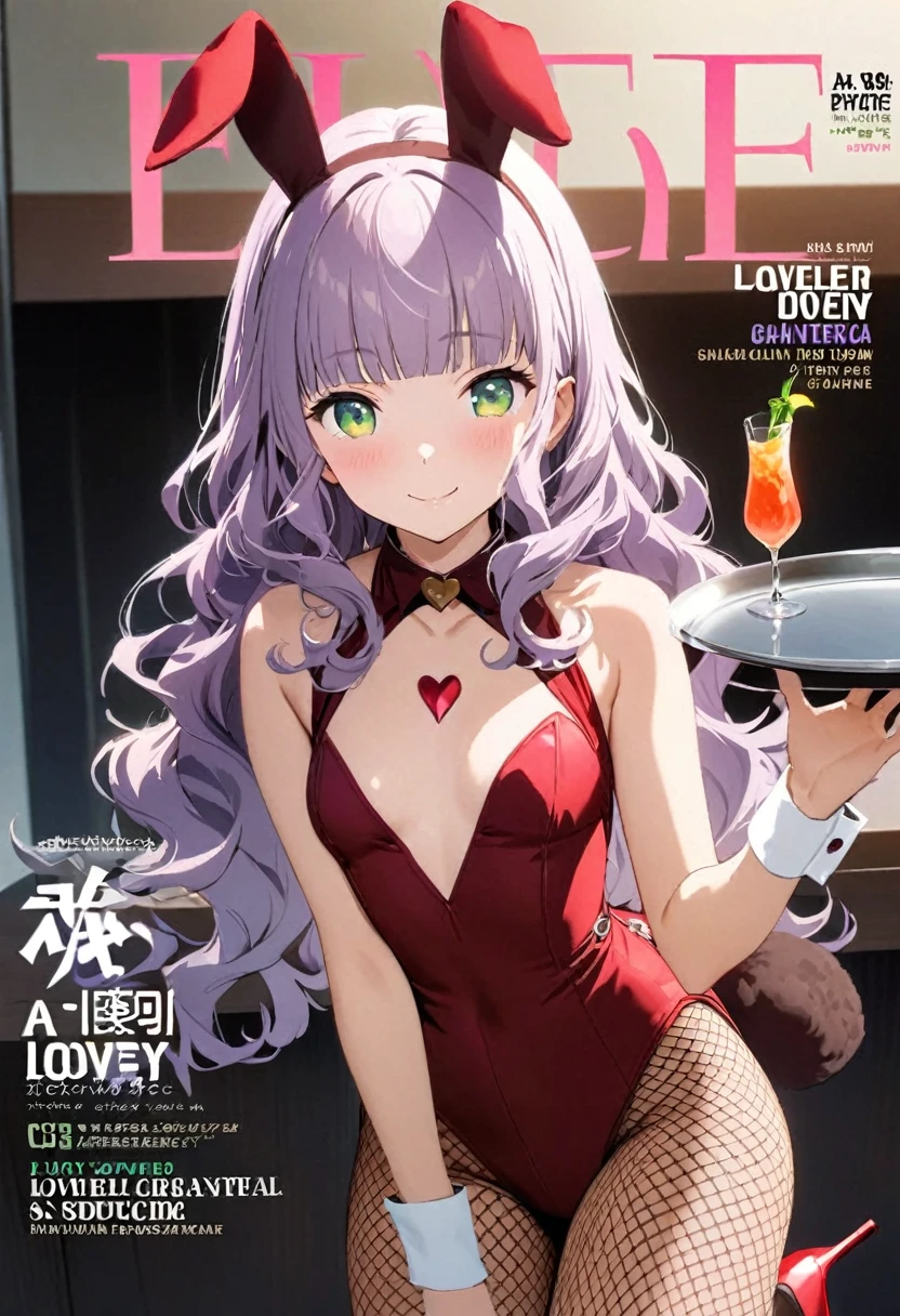 (magazine cover:1.7),title,logo.text,(Cute a girl:1.5), (masterpiece:1.3), anime visual, (Black bunny girl costume, red high heels,High leg, fishnet stockings, white bunny tail, black bunny ears, front view, She holds a tray in front of her chest and has a cocktail in one hand.,:1.3 ), (Lovey-dovey:1.5), (tilt head:1.3), extremely delicate face, soft clean focus, realistic lighting and shading, (an extremely delicate and beautiful art:1.3), elegant, (muted colors:1.1),(a  girl with lavender-colored wavy hair and blunt bangs hair and green eyes:1.4), small breast,slim,smile,Slender, Leaning forward to place the cocktail on the table,