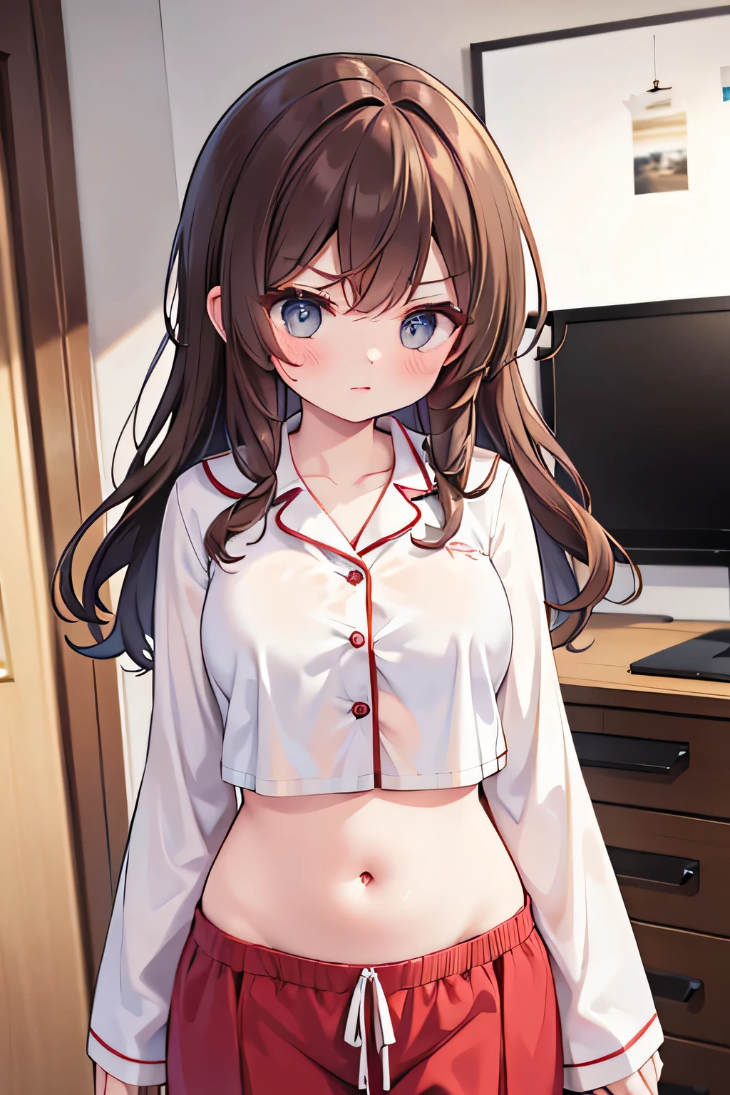 super fine illustration, vibrant colors, masterpiece, sharp focus, best quality, depth of field, cinematic lighting, ultra detailed, sleeves, crop top, pajamas, button up, pajama pants, drawstring pants, belly button, wide hips, 1 woman, home, solo, milf, very messy hair, brown hair, curly hair, slender, blush, angry, room, indoors, mature female, tall woman, looking down, v-shaped eyebrows,