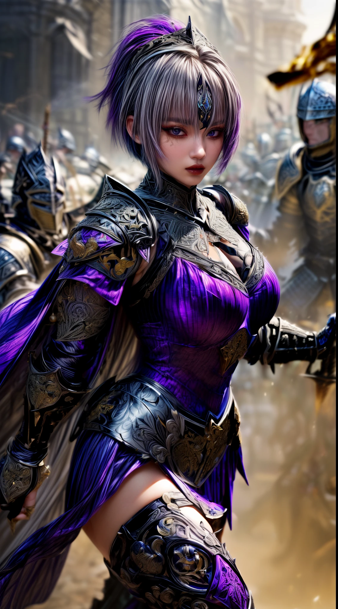 Very beautiful woman、Slender women、(Detailed face)、Realistic Skin、((Dark Knight)), (Dark purple:1.2)、((((Black armor with very fine and intricate decoration:1.5))))、((Delicate photo))，(Girl Astepeace RAW Photo Details:1.25), (highest quality:1.6), (超A high resolution:1.5), (Realistic:1.75), 8K resolution, Canon EOS R5, 50mm, Absurd, Ultra-detailed,Cinema Lighting,((battlefield))、((battle))、(((Dark grey skirt with embellishments)))、Thigh-high socks、Shin Guardulticolored Hair;1.2)、(Gradient Hair:1.2)、((Light gray hair:1.2))、((light purple hair:1.2))、((Pixie Cut:1.2))、(I can see your ripped abs)、Cape、Beautiful Armor、(((Has a huge weapon)))、(In combat)、((Unusual Armor:1.7))、((((Purple Mist))))、(((Leading a large group of knights:1.4)))、Purple military flag、Tarantula-inspired armor、(((Battle Scene)))、(((Purple Tarantula)))、((Dark circles under the eyes))、((eye shadow))、Black Lip、Knight Commander